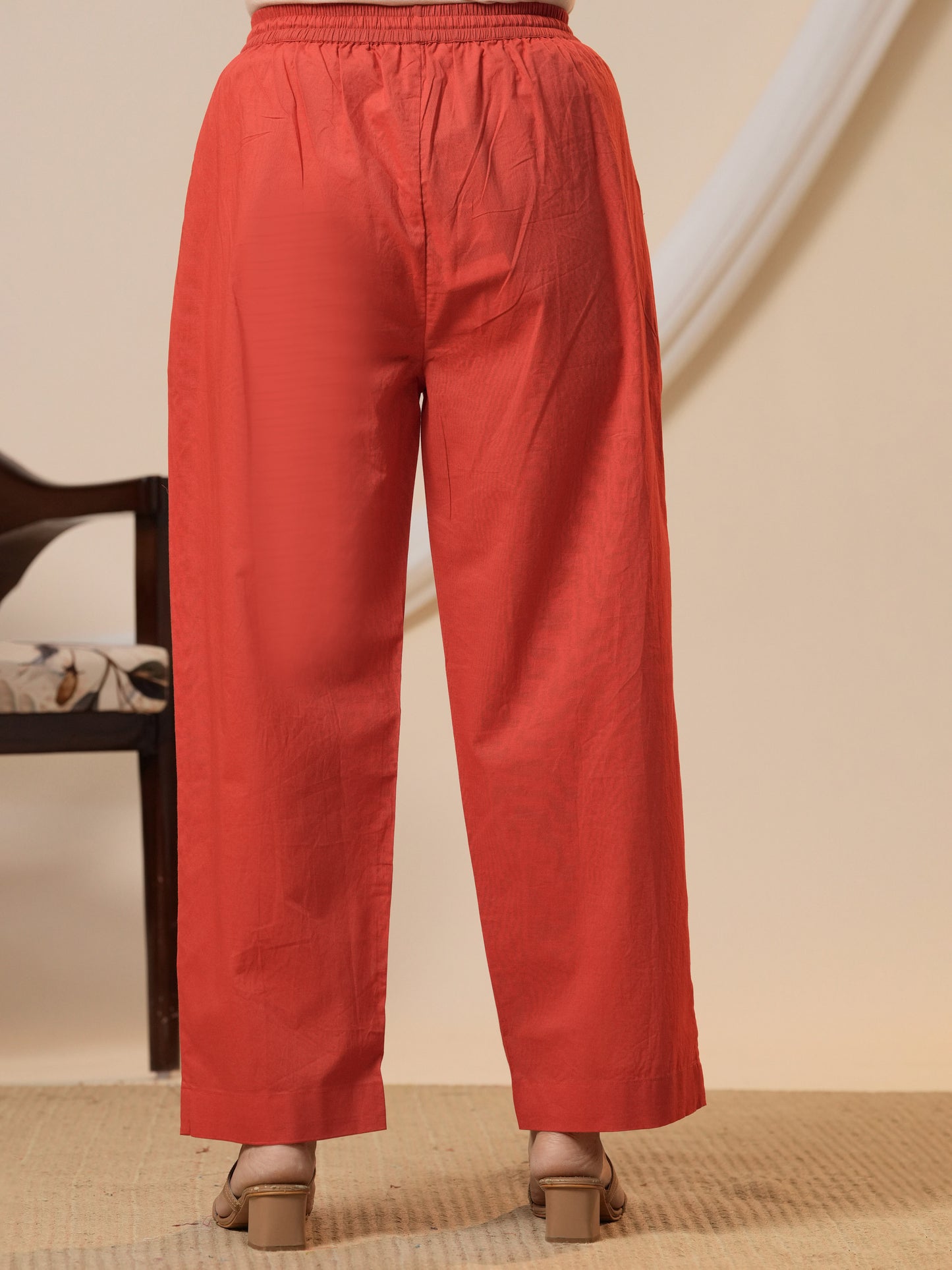 Soft cotton Solid Red Straight Trousers