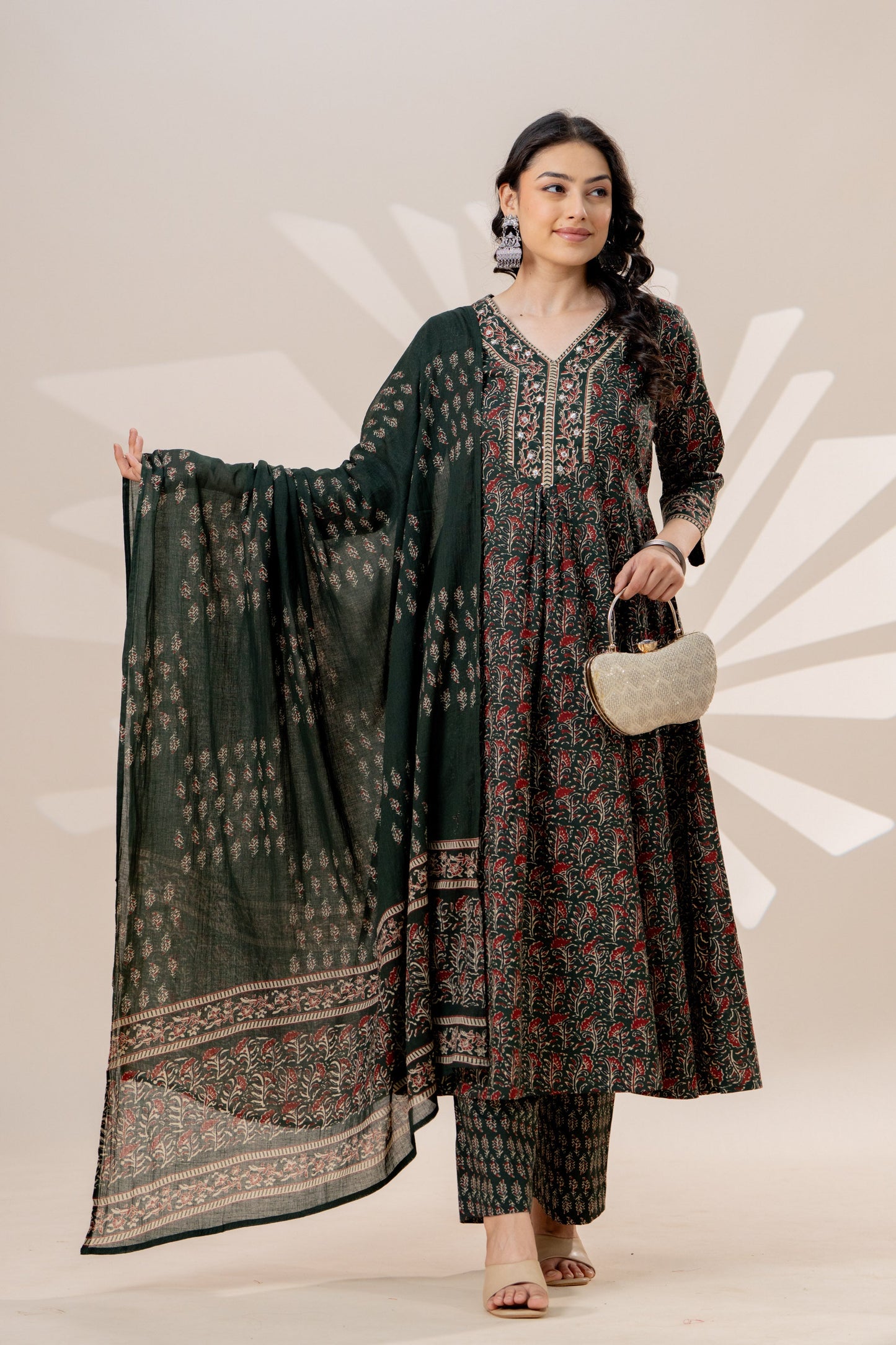 Soft cotton Jaal Anarkali Green Kurta