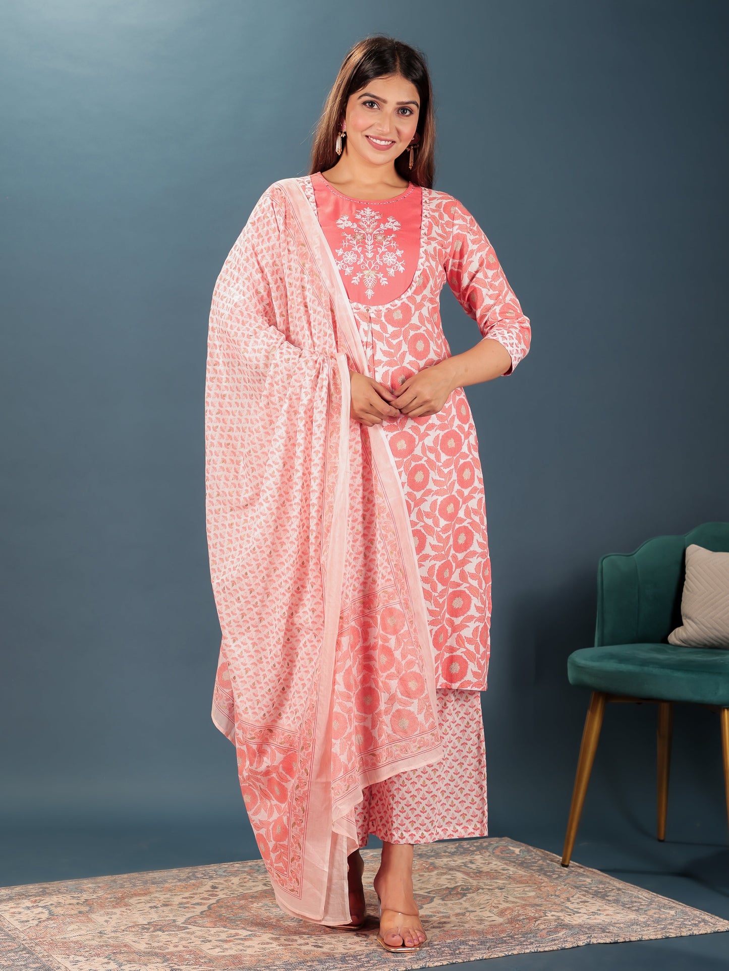 Voile Cotton Floral Orange Dupatta