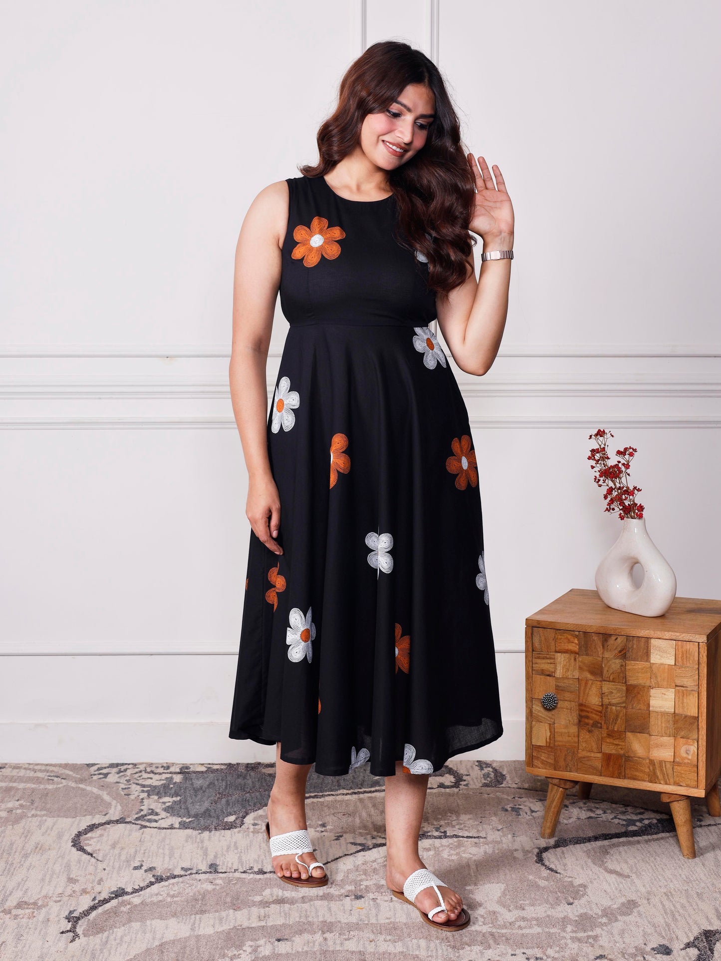 Soft cotton Floral Anarkali Black Dress