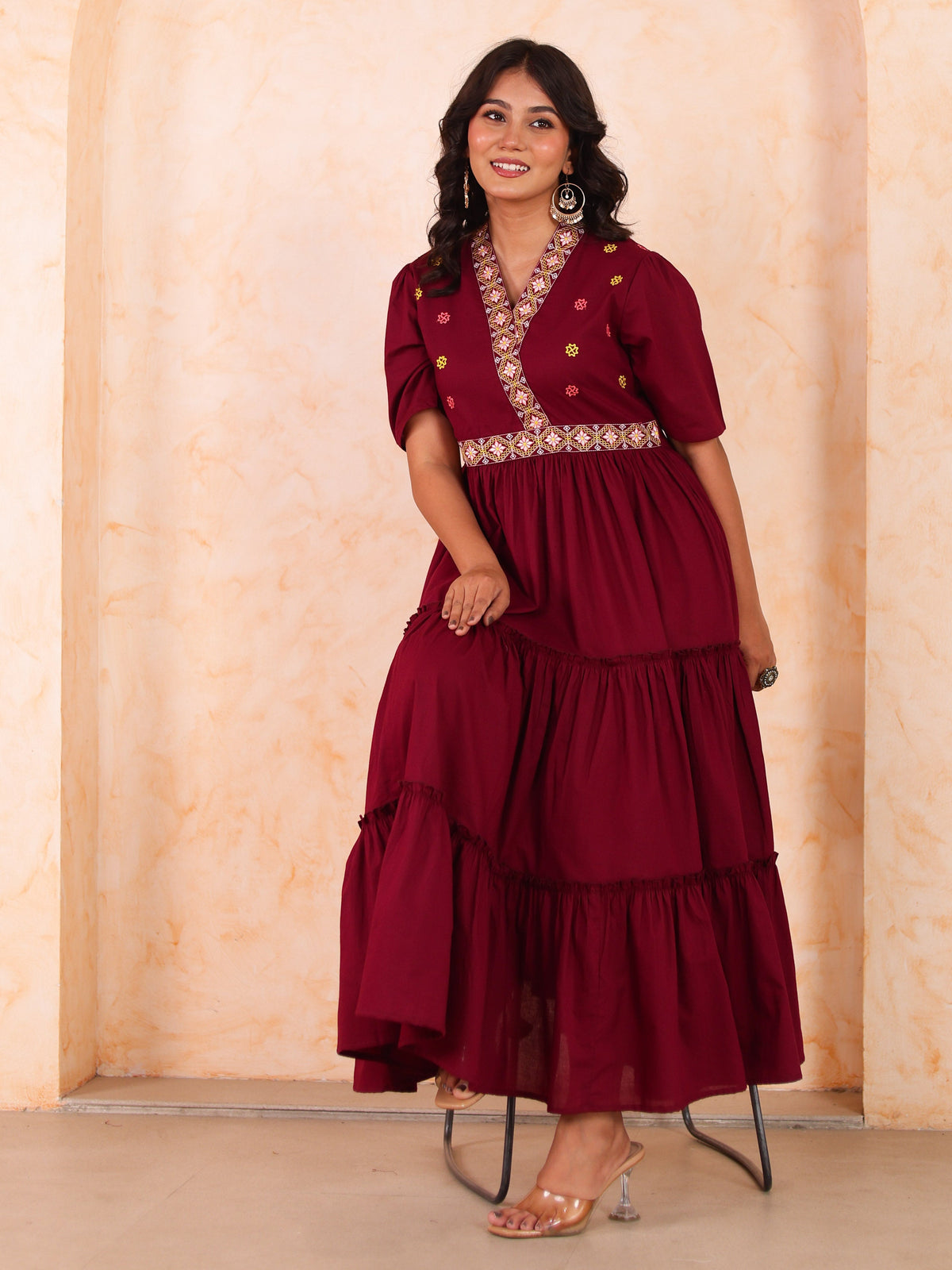 Embroidered Soft cotton Solid Anarkali Maroon Dress