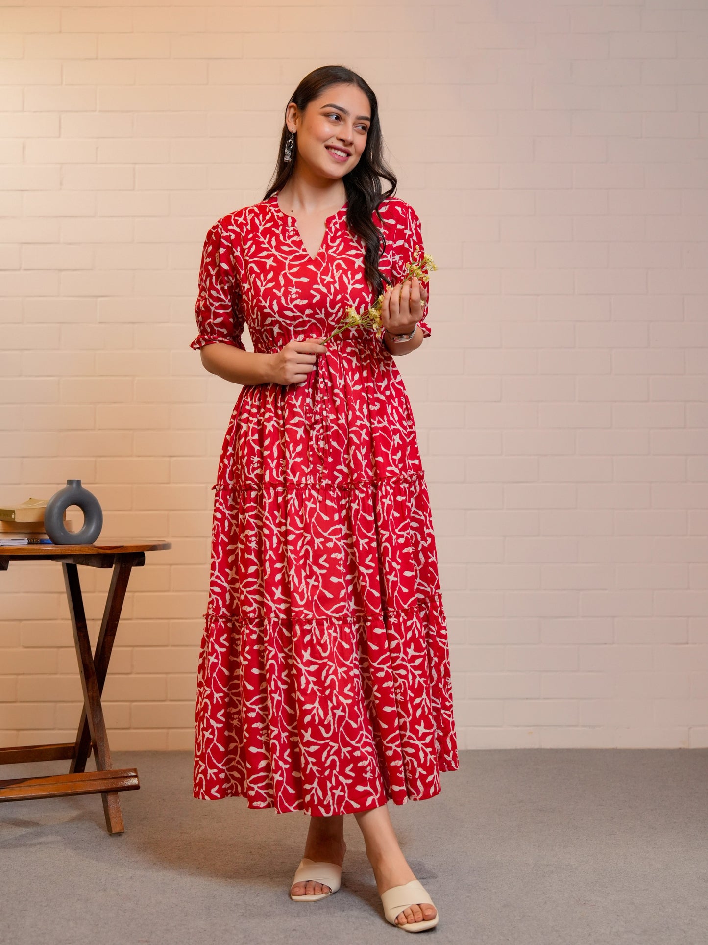 Soft Cotton Floral Anarkali Red Dress