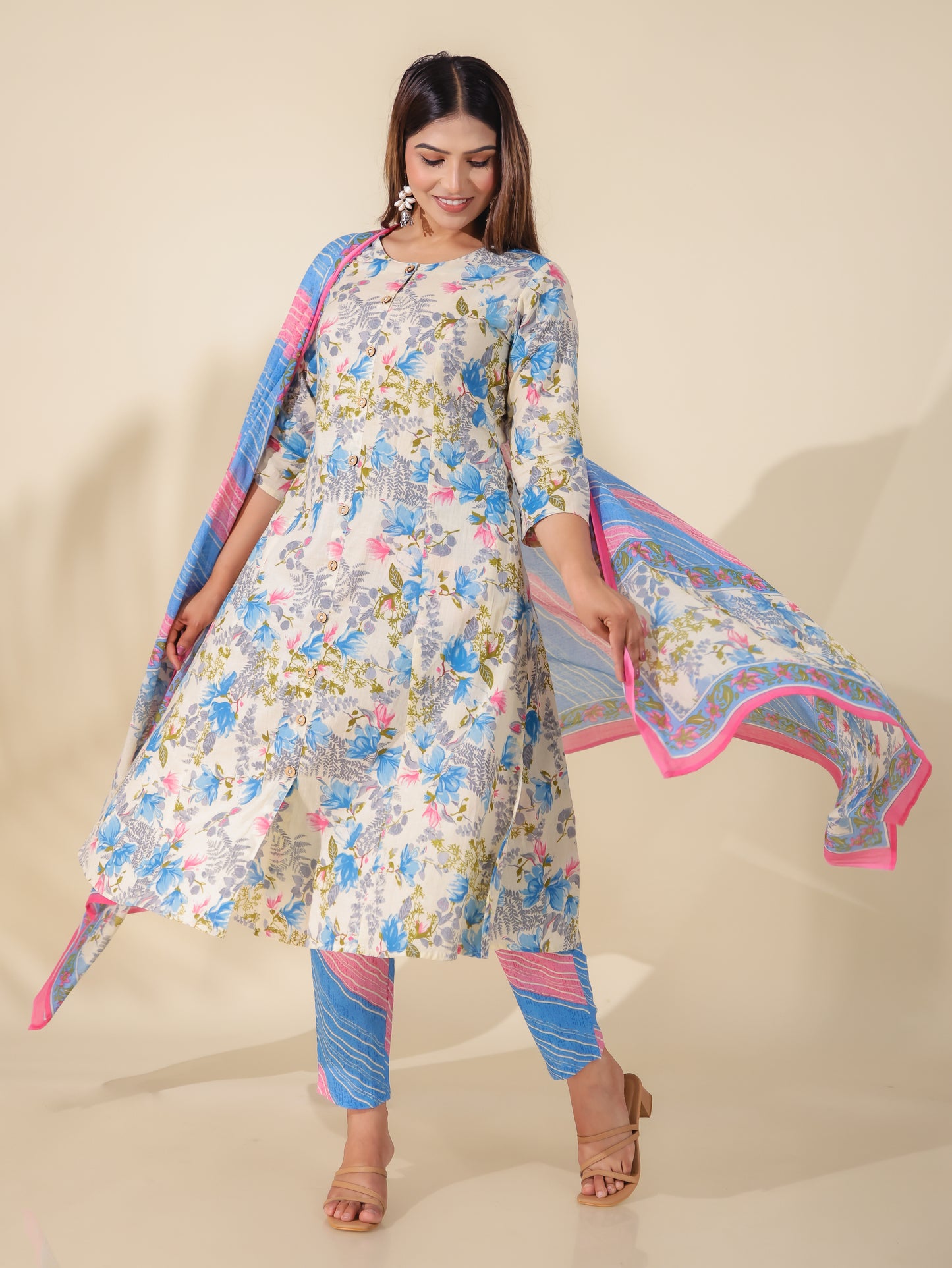 Soft Cotton Floral A-line Cream Kurta