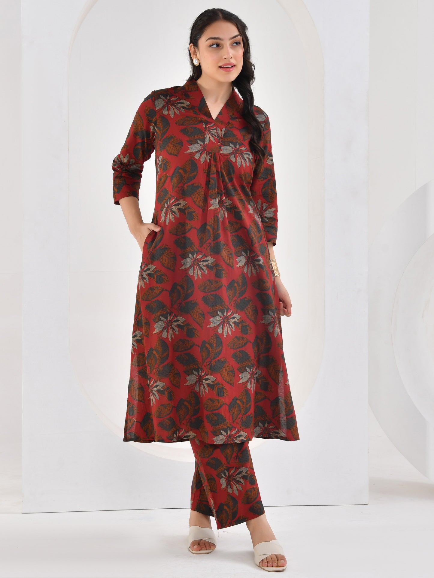 Soft cotton Floral A-line Maroon Kurta