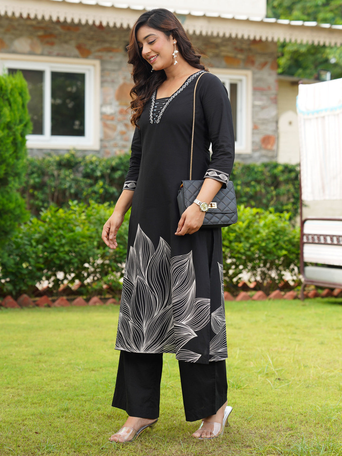 Embroidered Soft Cotton Placement Print Straight Black Kurta