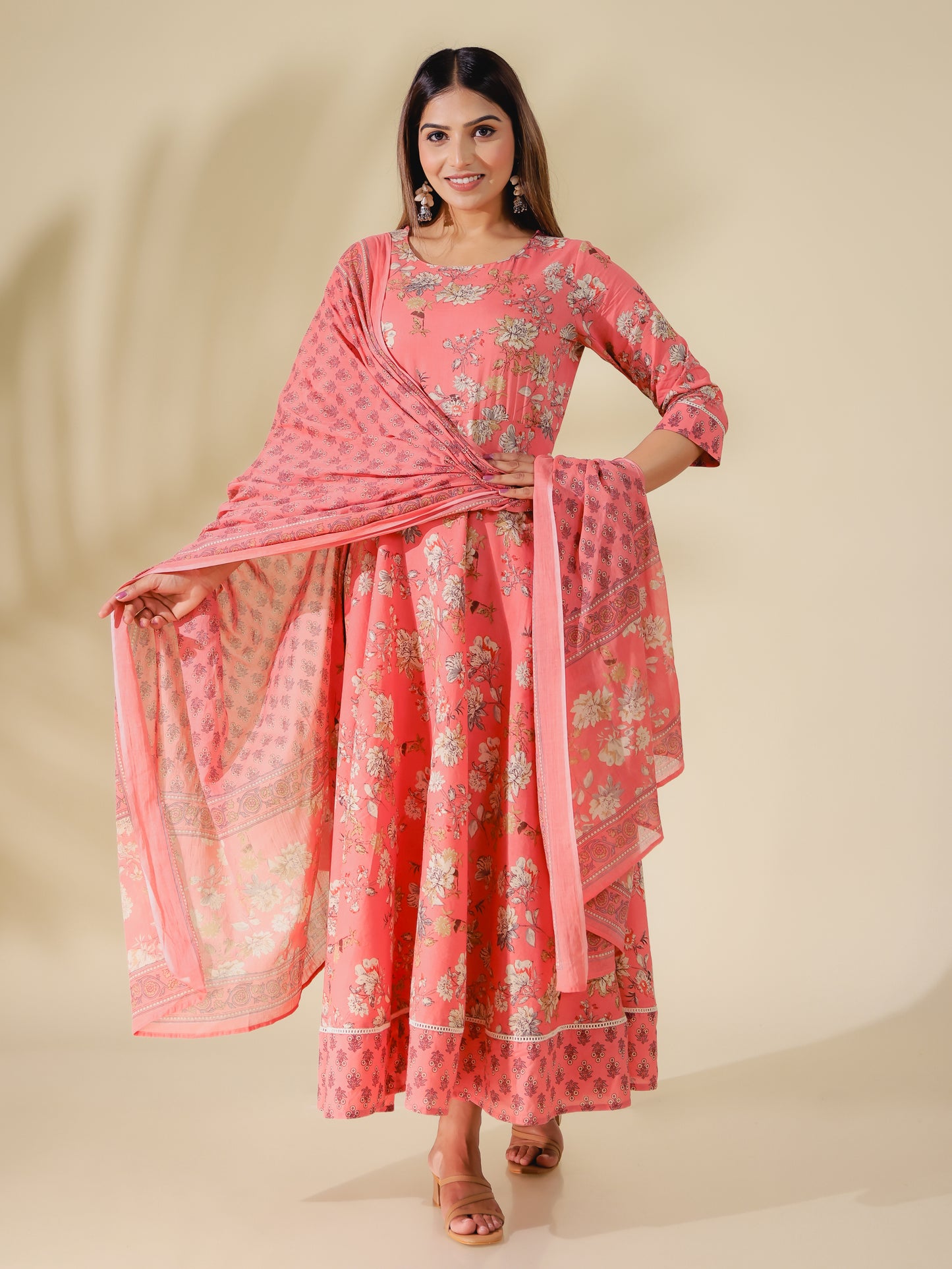 Soft Cotton Floral Anarkali Pink Kurta