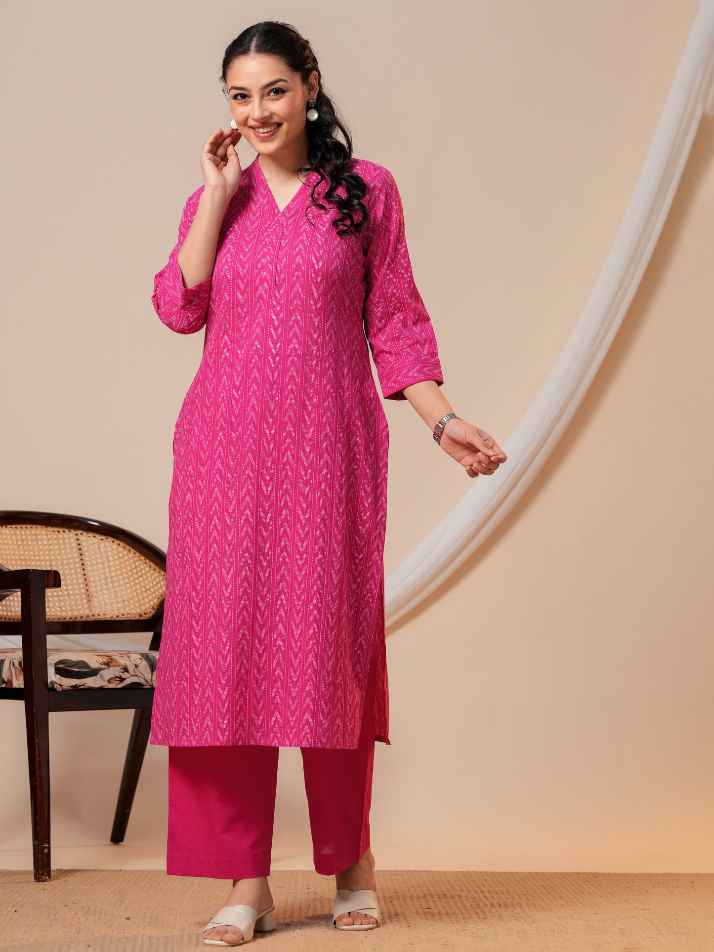 Soft cotton Ikat Straight Pink Kurta