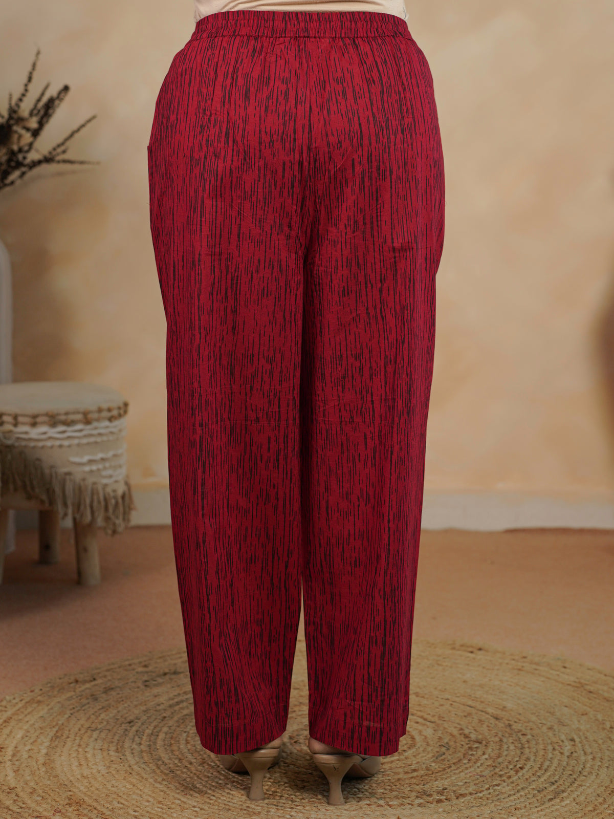 Cotton Voile Gold Foil Red Straight Trousers