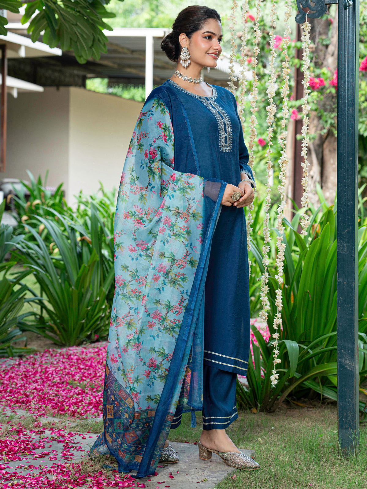 Organza Floral Blue Dupatta