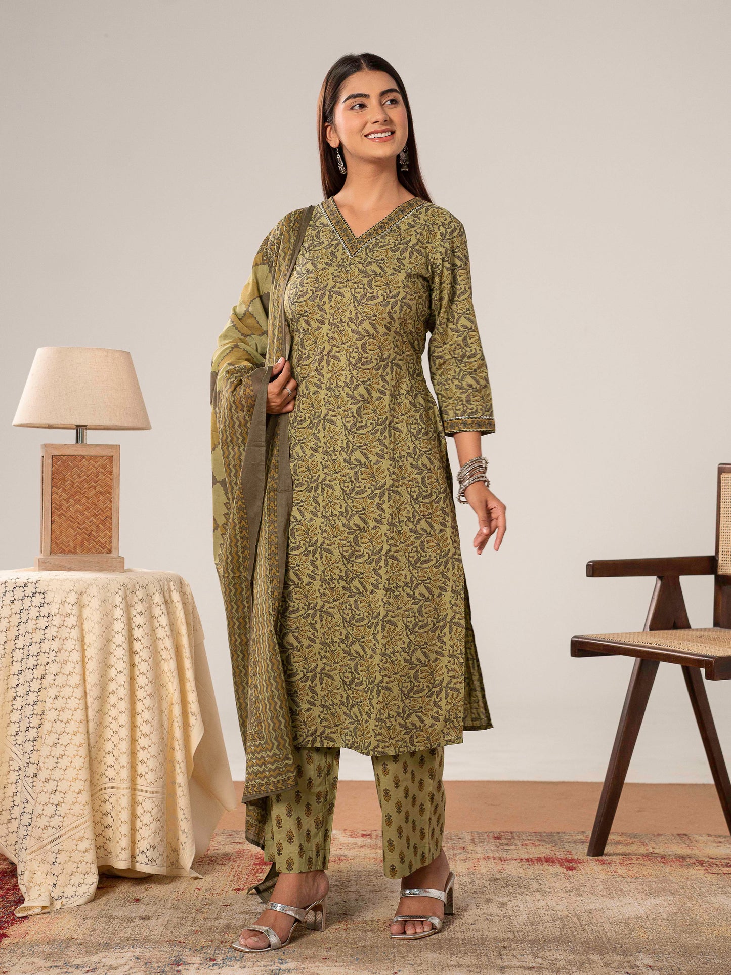 Cotton Voile Geometric Green Dupatta