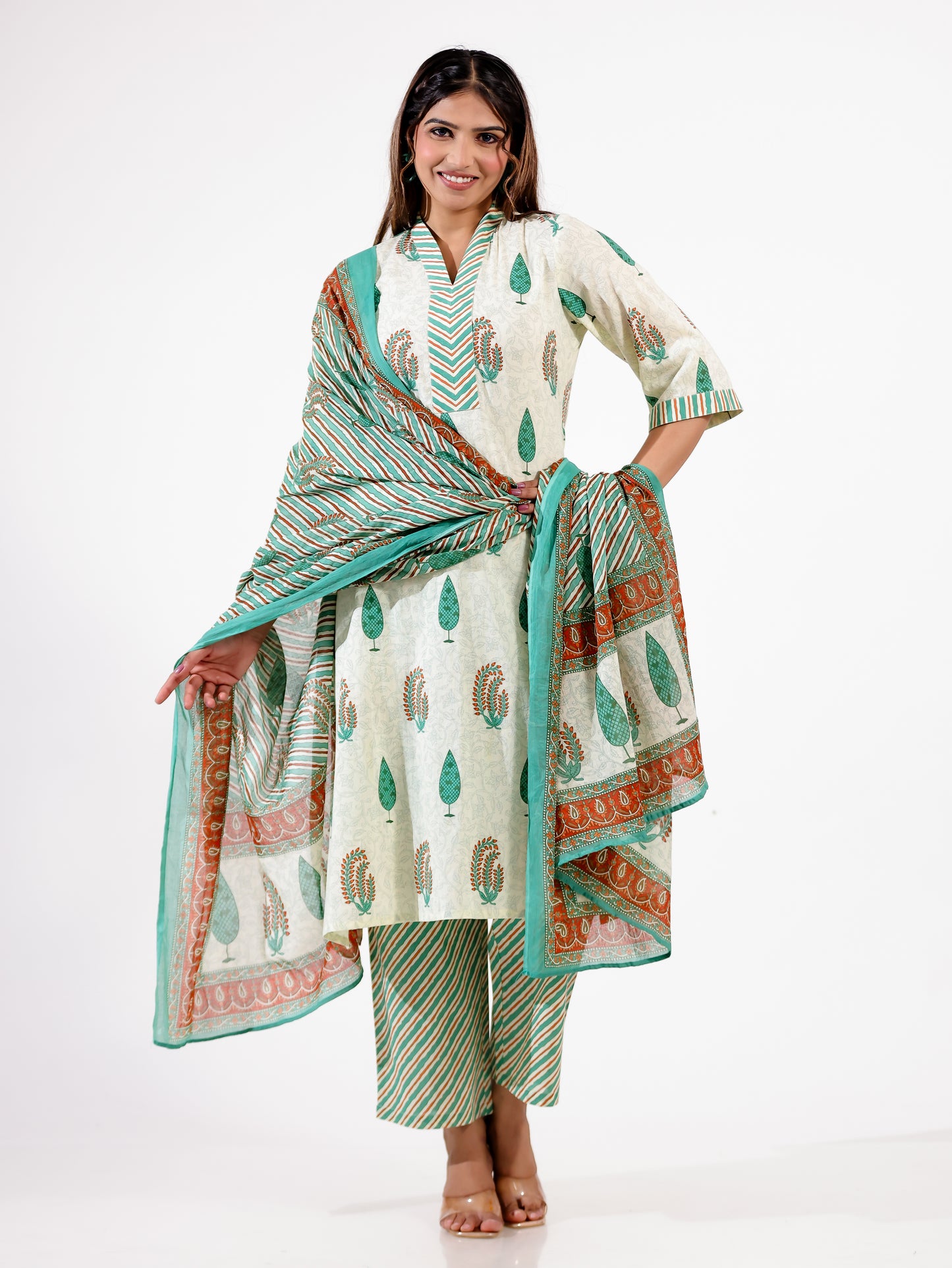 Voile Cotton Striped Green Dupatta