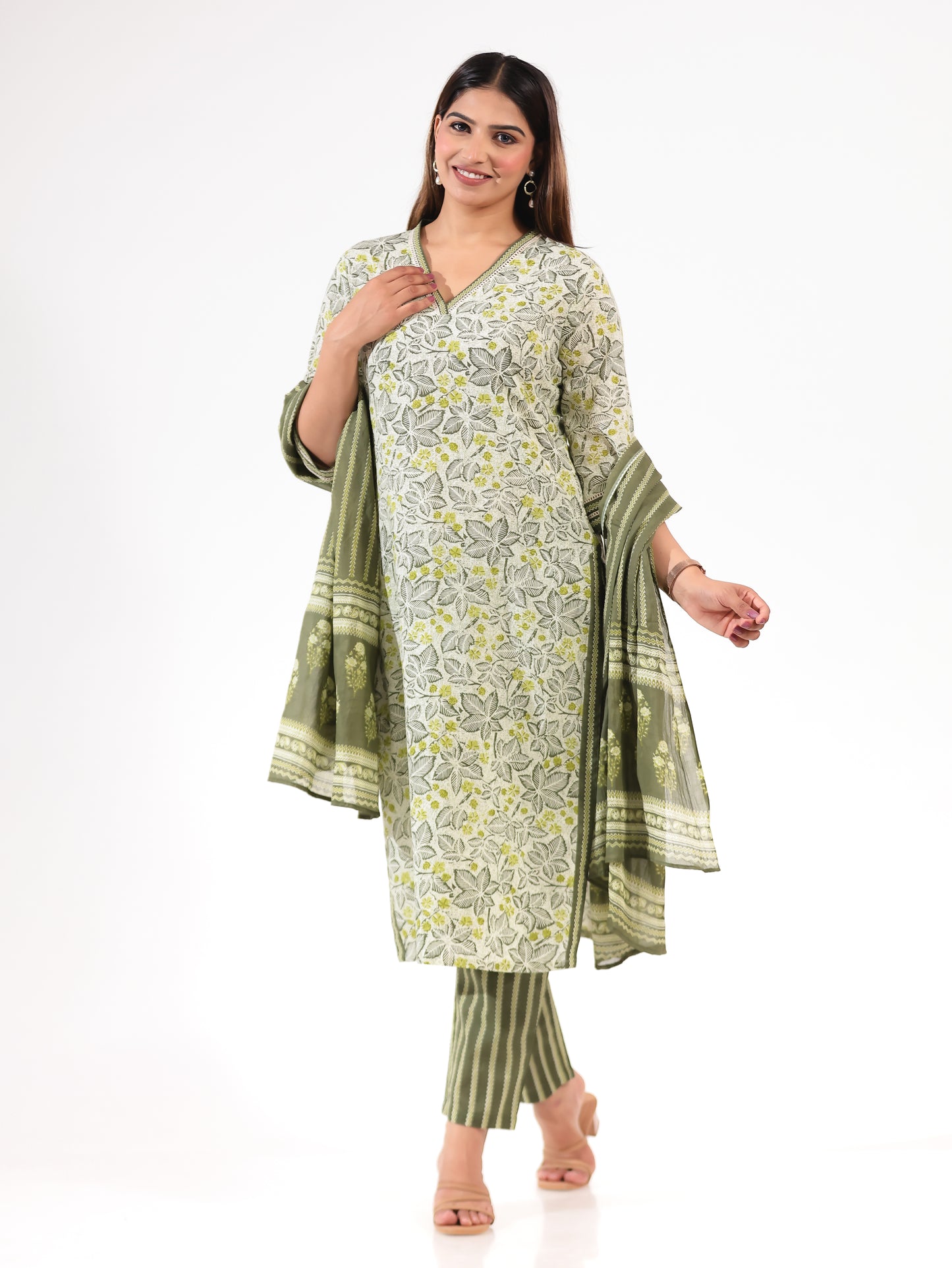 Voile Cotton Striped Green Dupatta