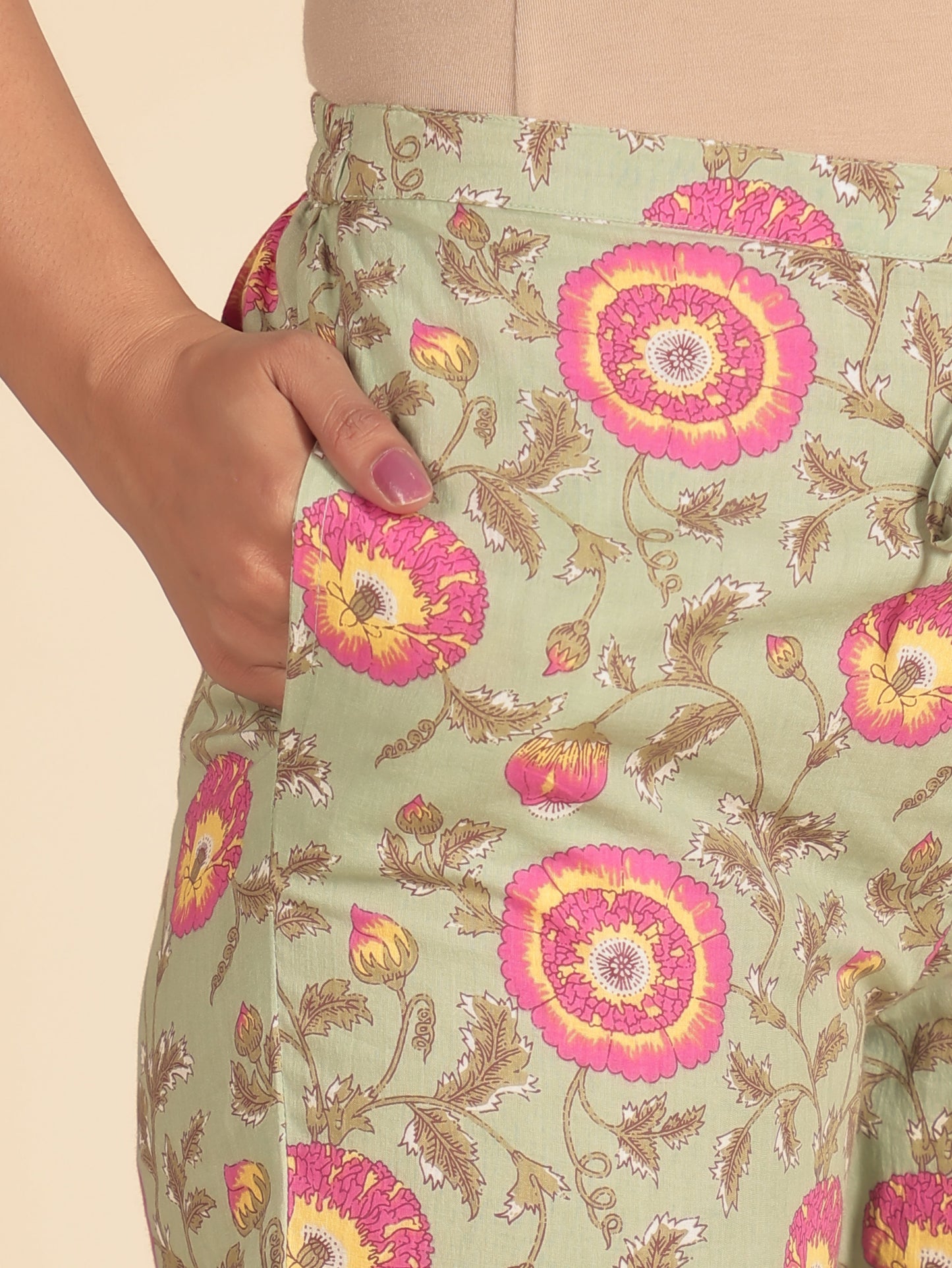 Soft Cotton Floral Straight Green Kurta