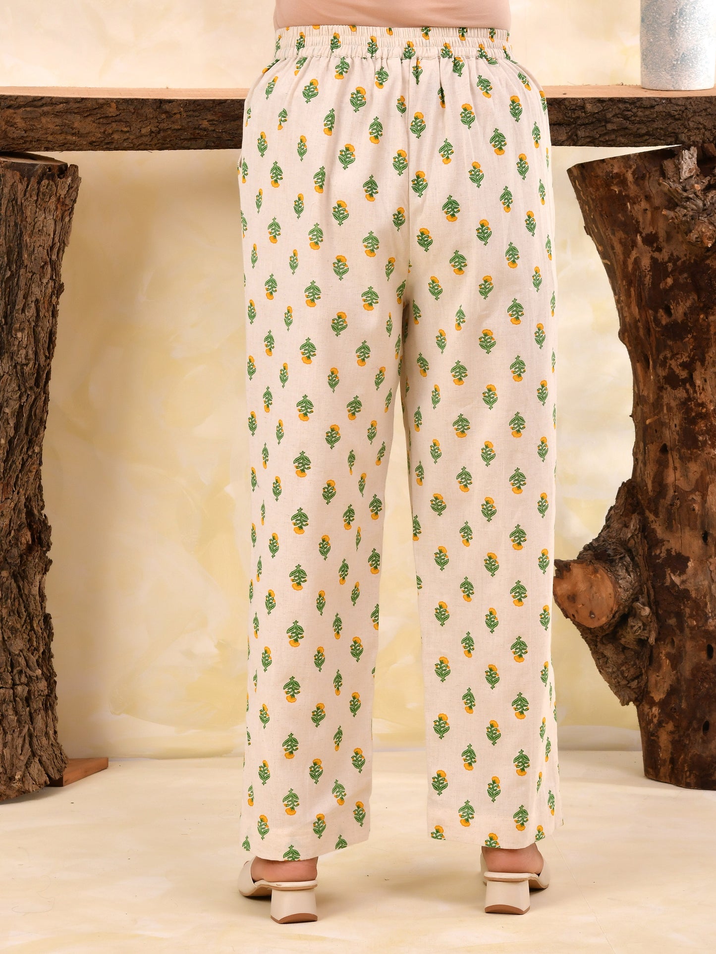 Linen cotton Floral Off White Straight Trousers