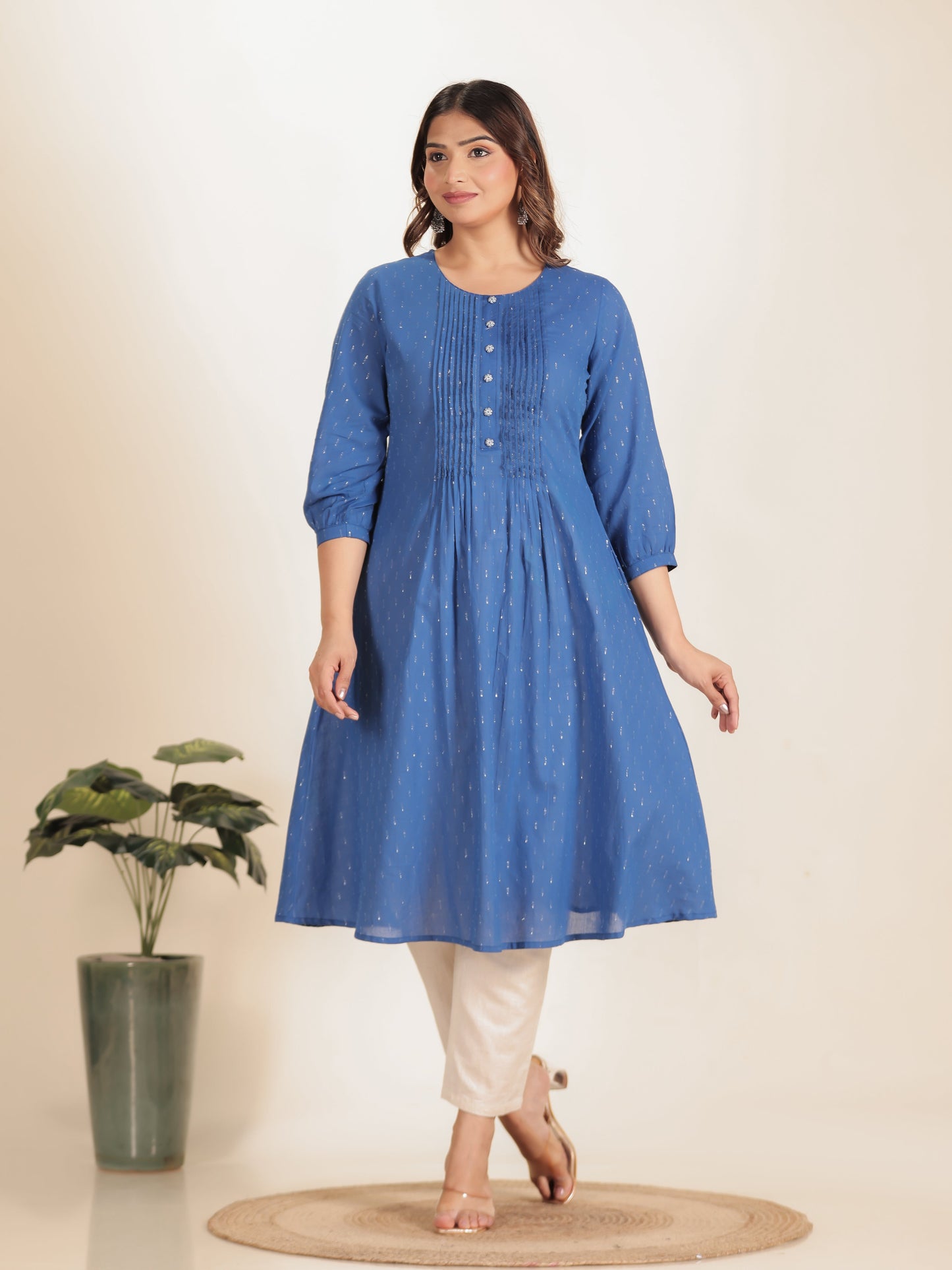 Textured Cotton Woven Design A-line Blue Kurta