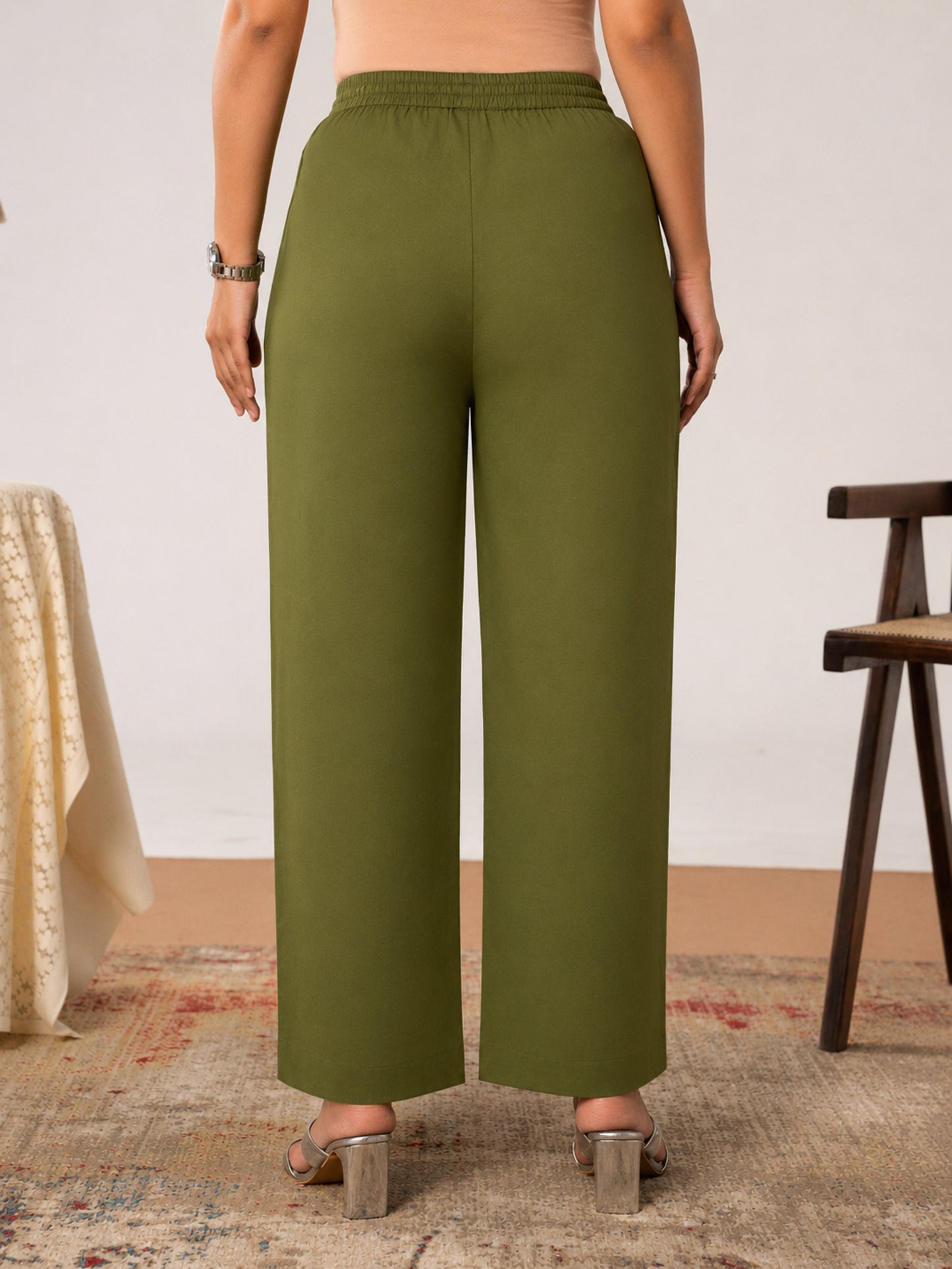 Embroidered Soft cotton Solid Green Straight Trousers