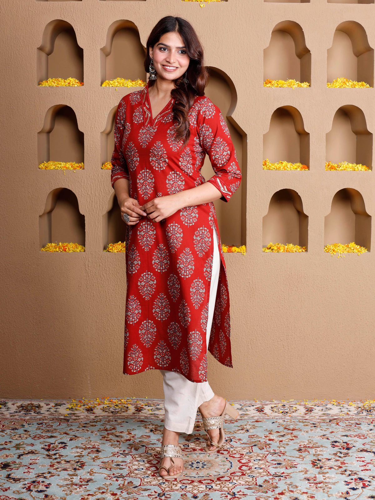 Embroidered Soft Cotton Butta Straight Rust Kurta