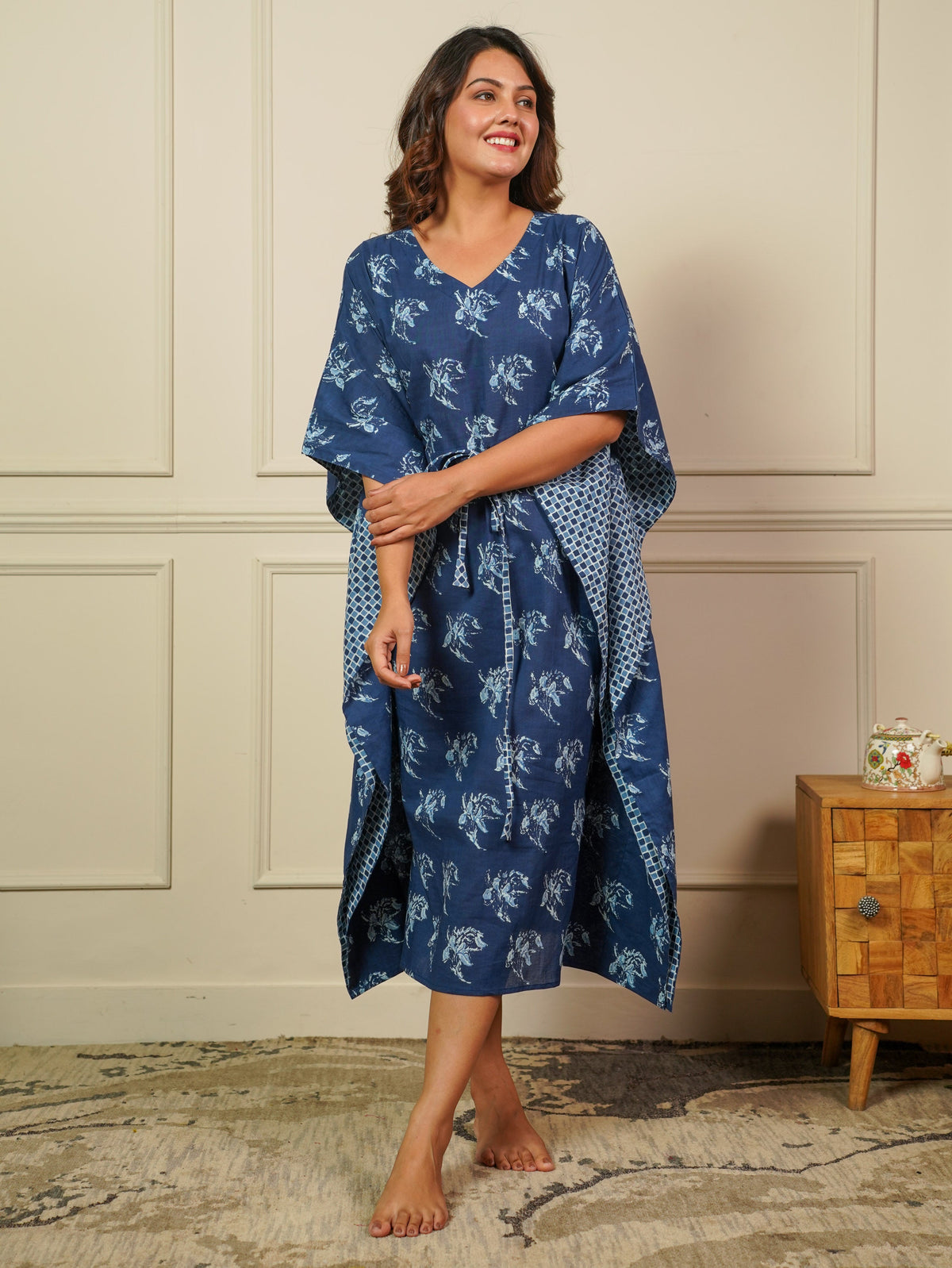 Soft Cotton Floral Kaftan Blue Kurta