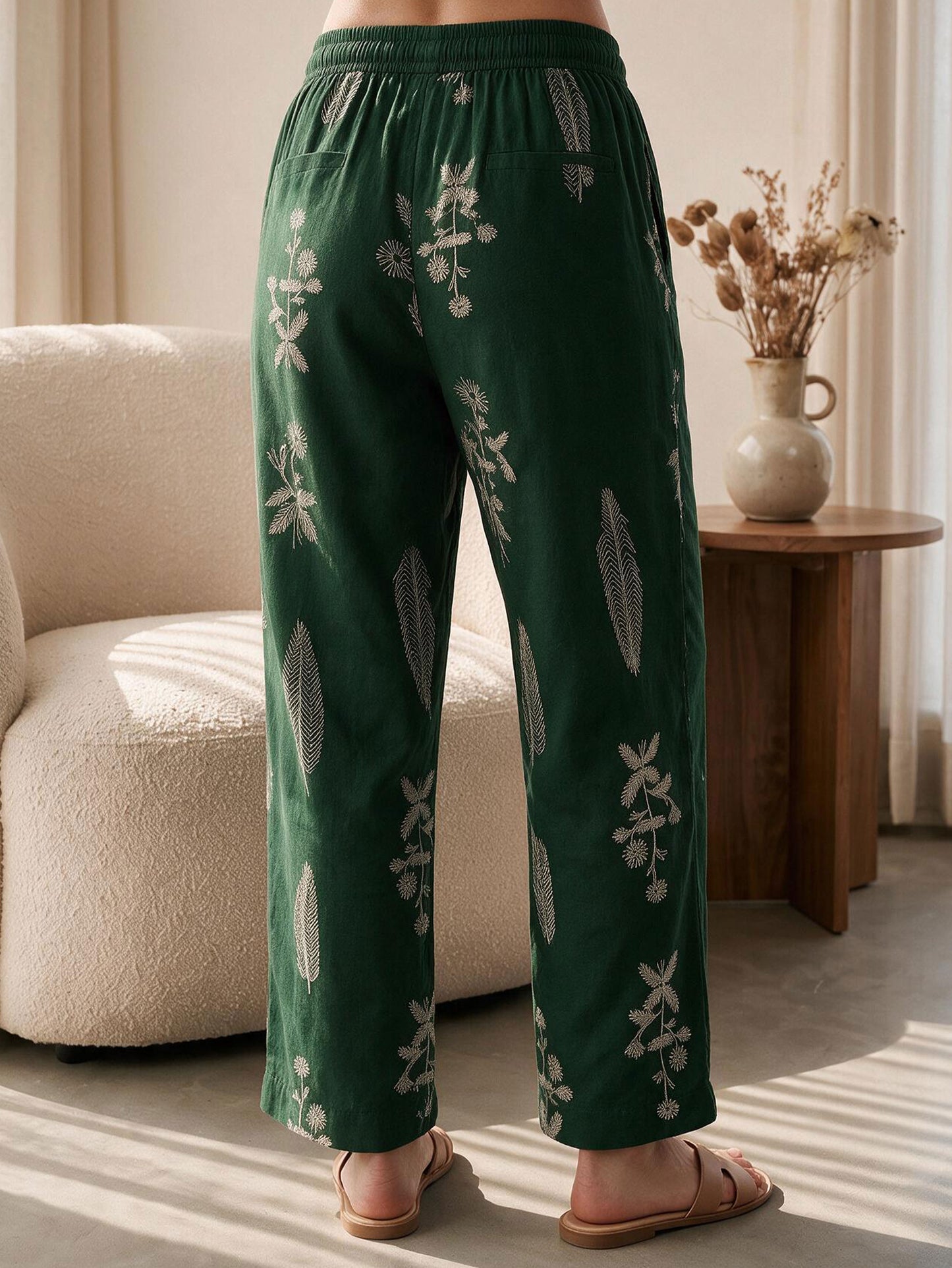 Soft Cotton Floral Green Straight Trousers