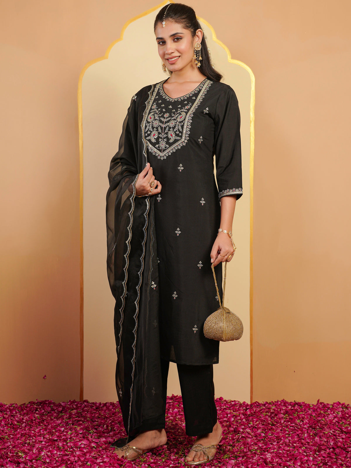 Embroidered organza solid anarkali black dupatta