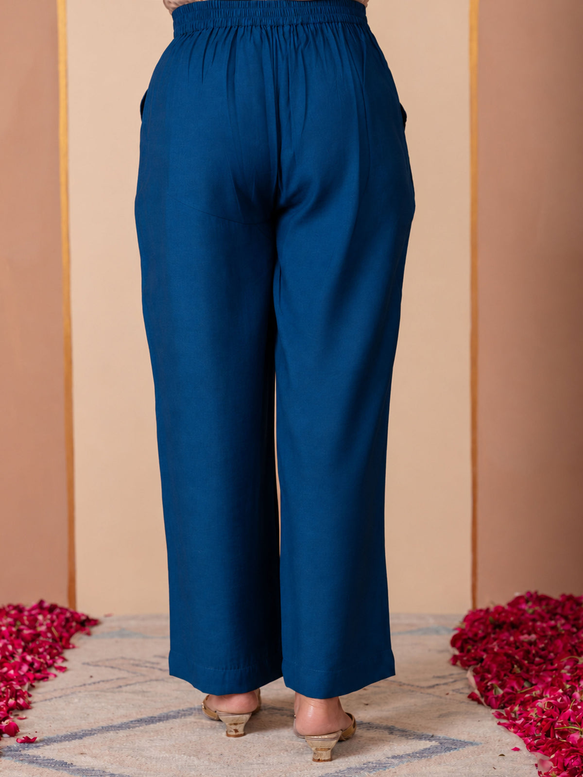 Embroidered Chanderi Solid Blue Straight Trousers