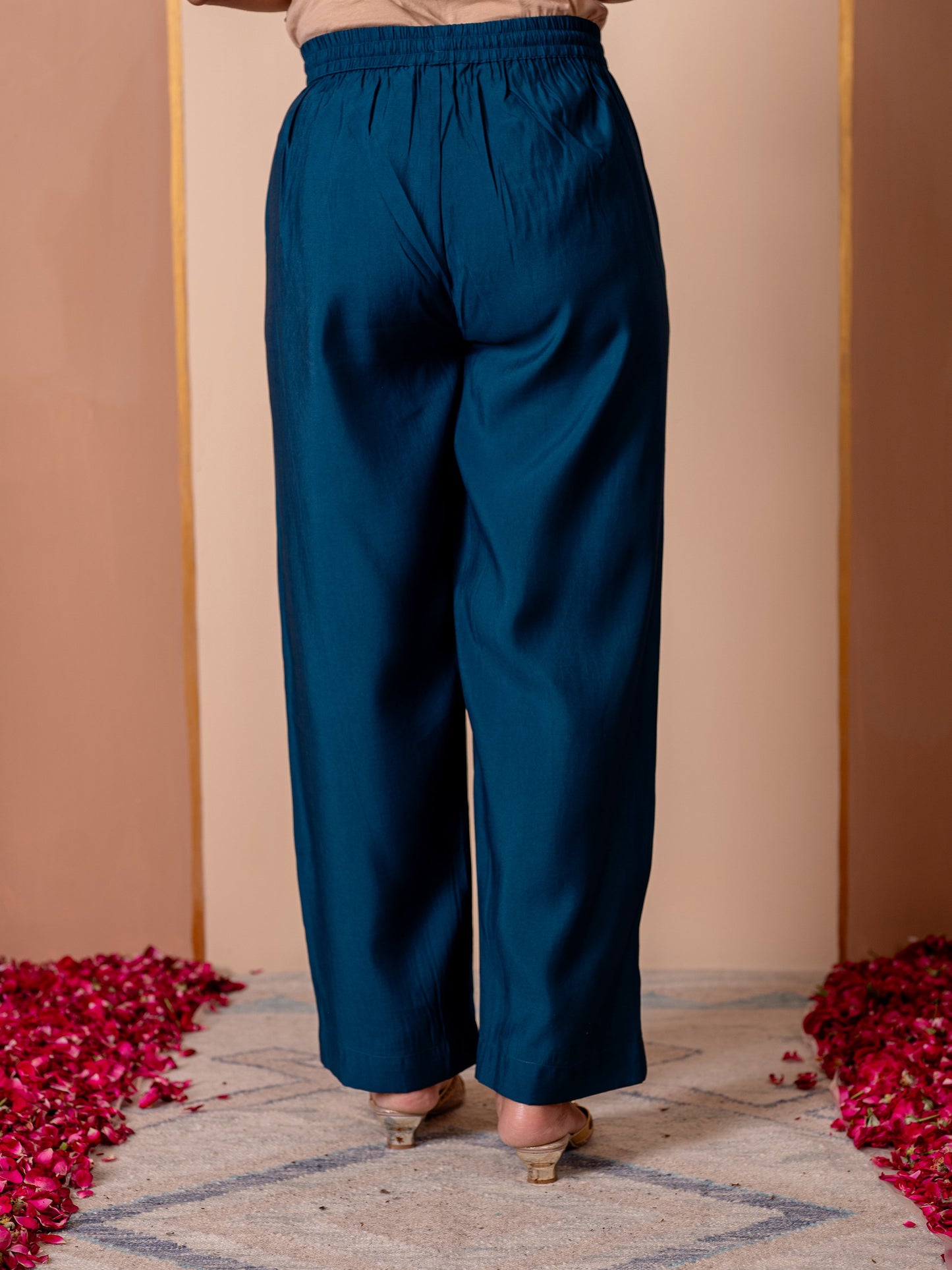 Embroidered Chanderi Solid Blue Straight Trousers