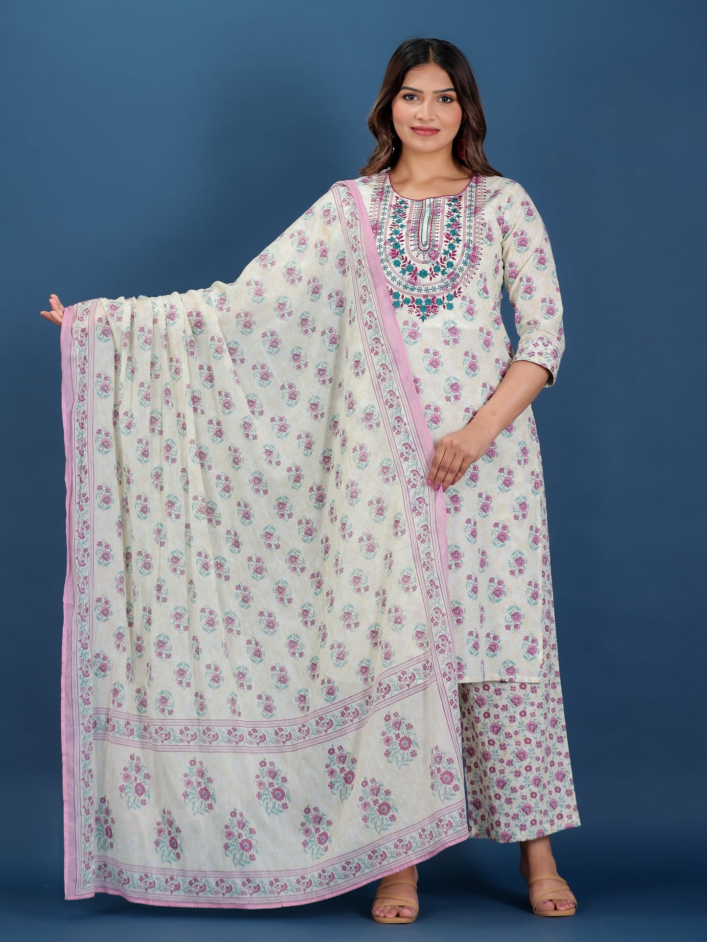 Voile Cotton Block Cream Dupatta