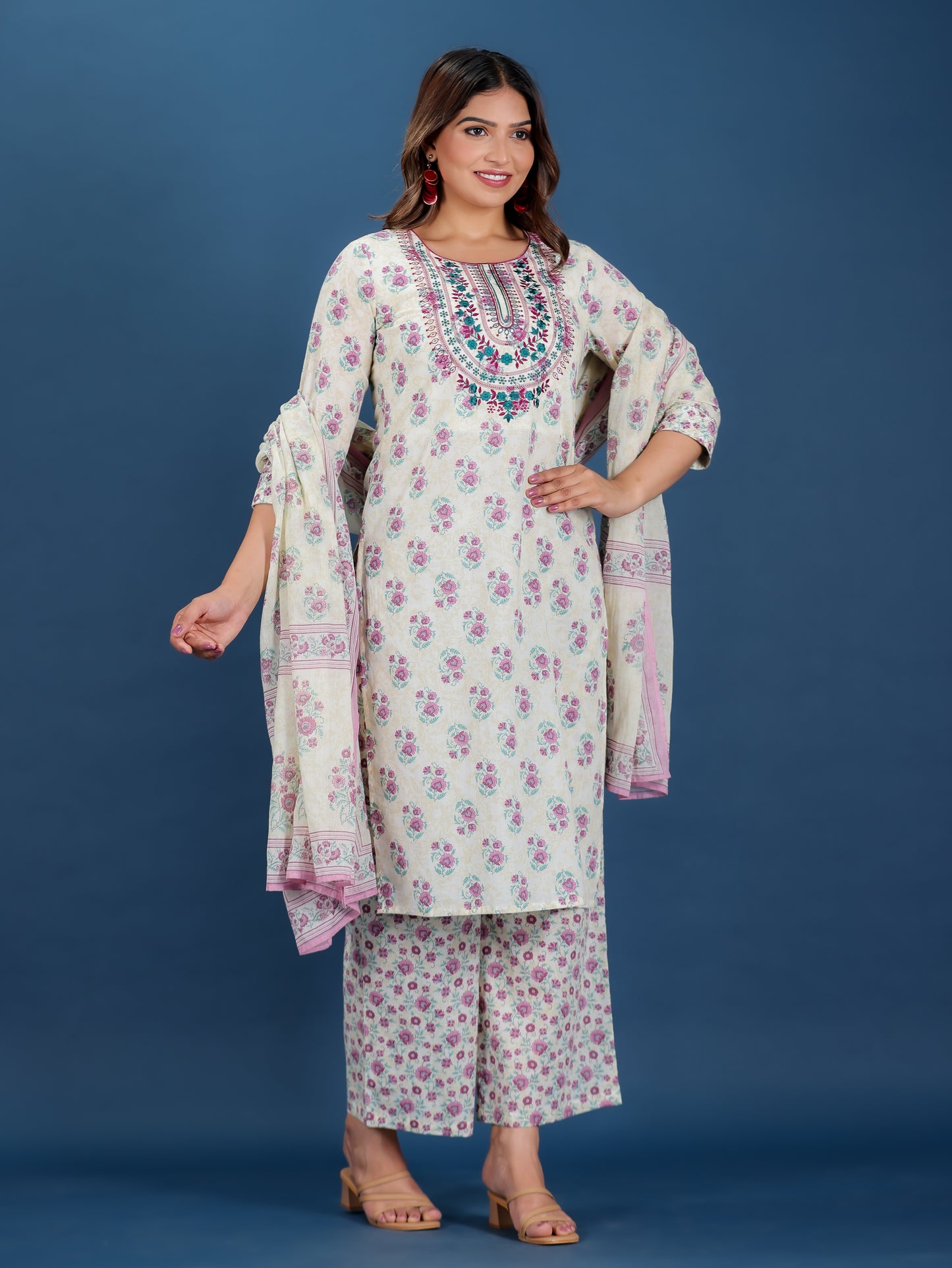 Soft Cotton Block Straight Cream Kurta