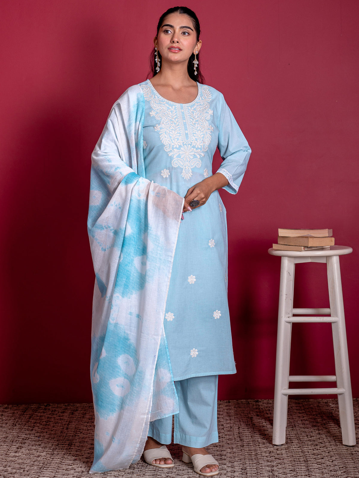 Embroidered Soft Cotton Solid Straight Blue Kurta