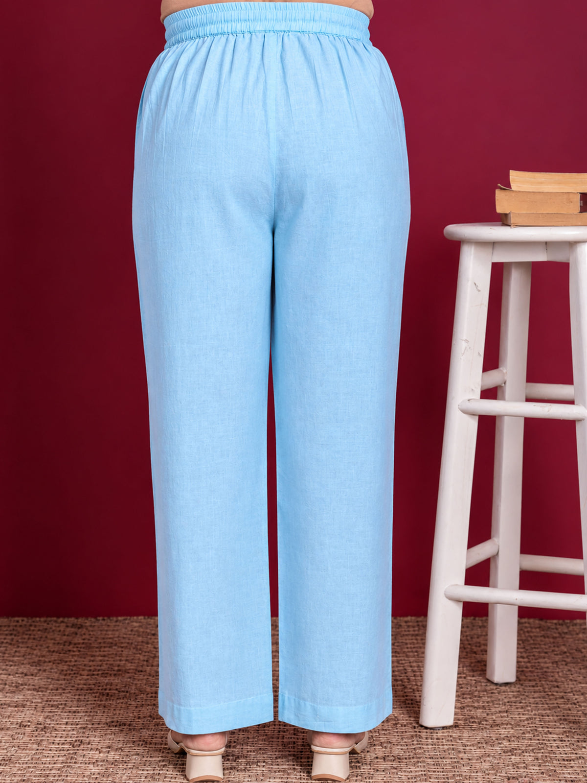 Soft Cotton Solid Blue Straight Trousers