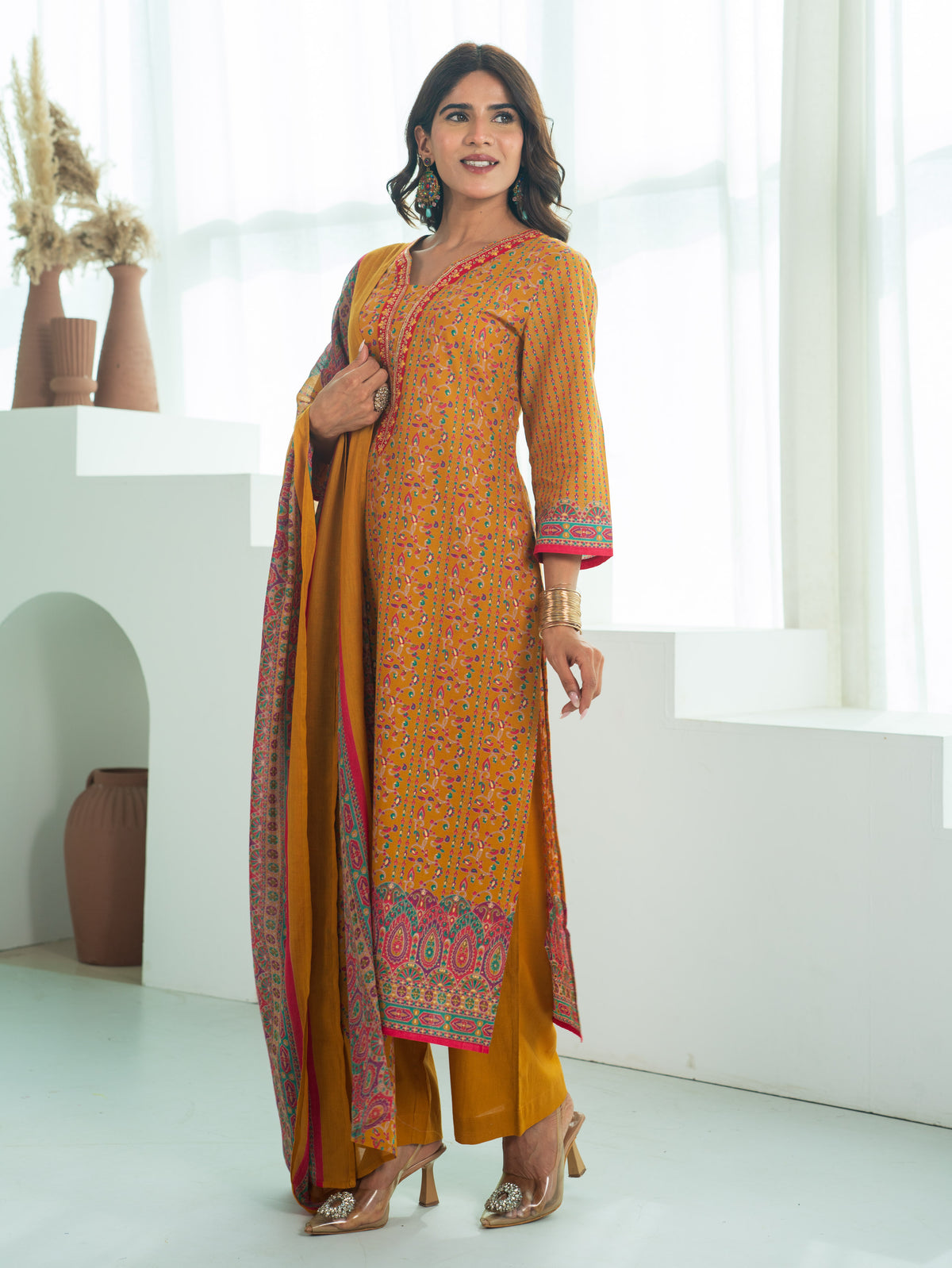 Cotton Voile Floral Mustard Dupatta