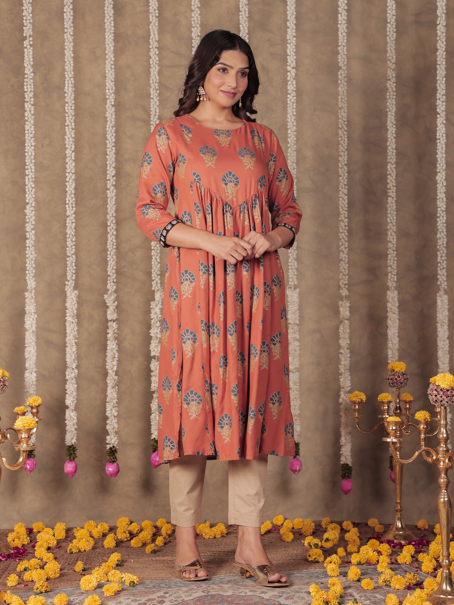 Viscose Butti Flared Rust Orange Kurta