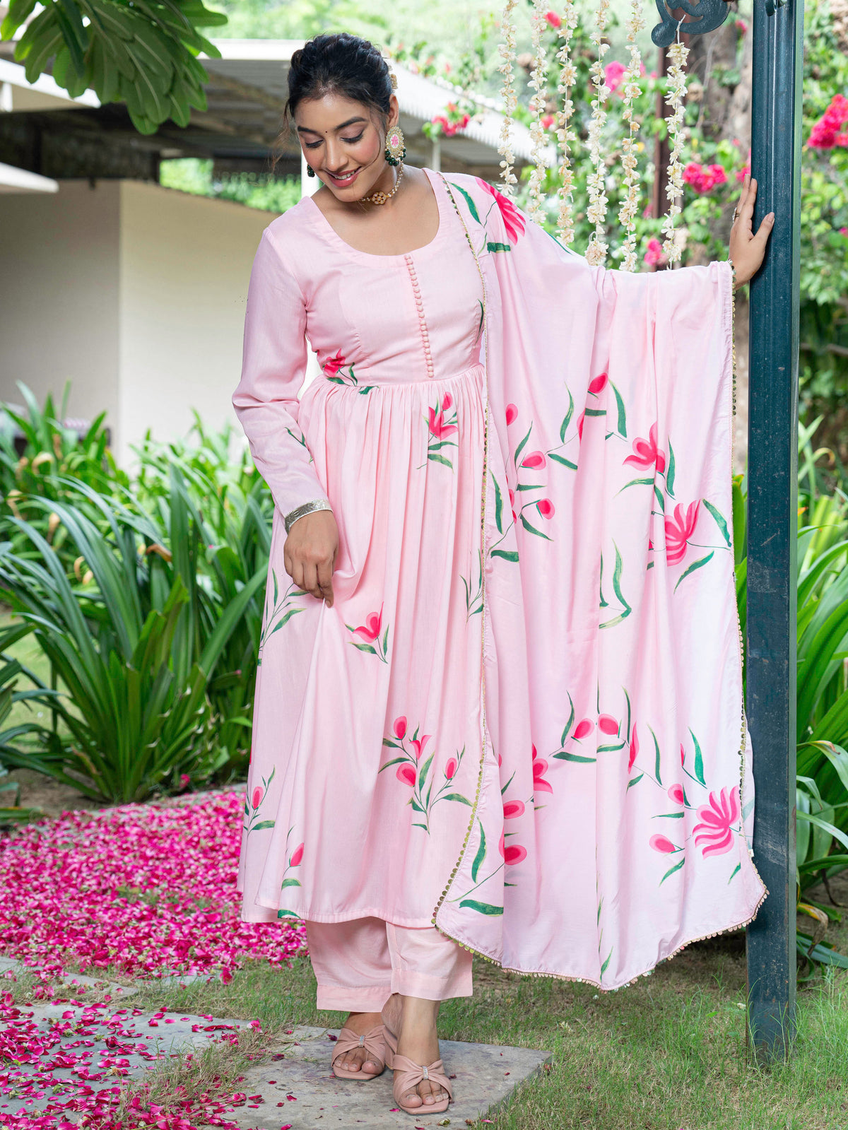 Blended Silk Floral Pink Dupatta