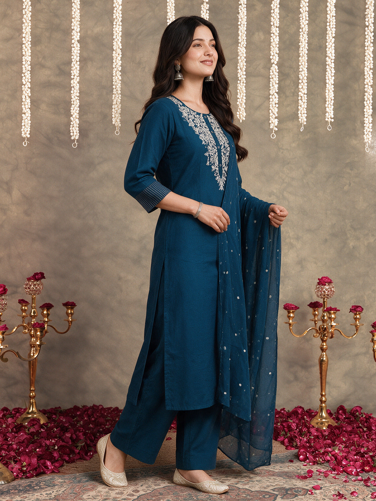 Embroidered organza blue dupatta