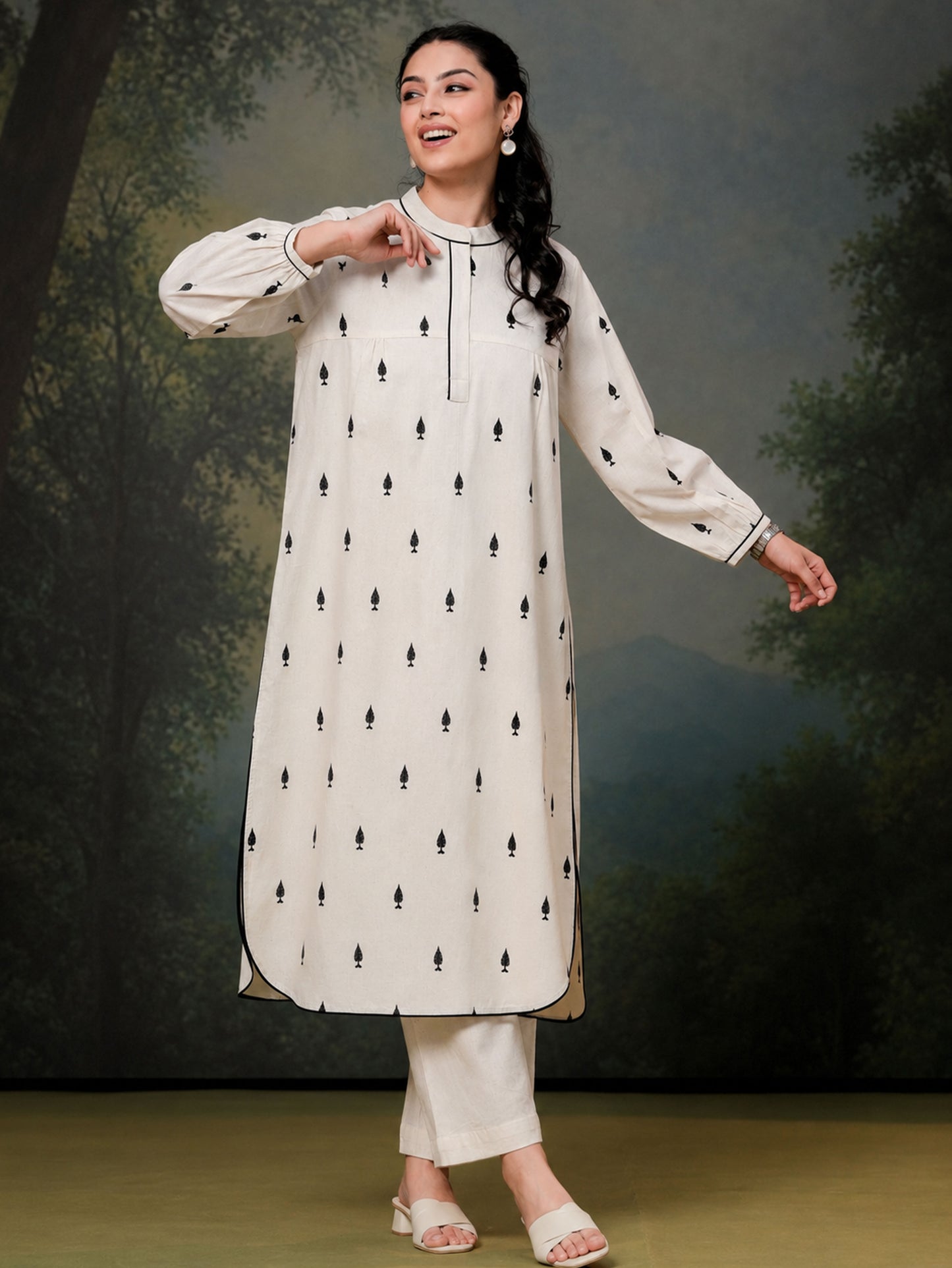 Embroidered Linen cotton Solid Straight Off White Kurta