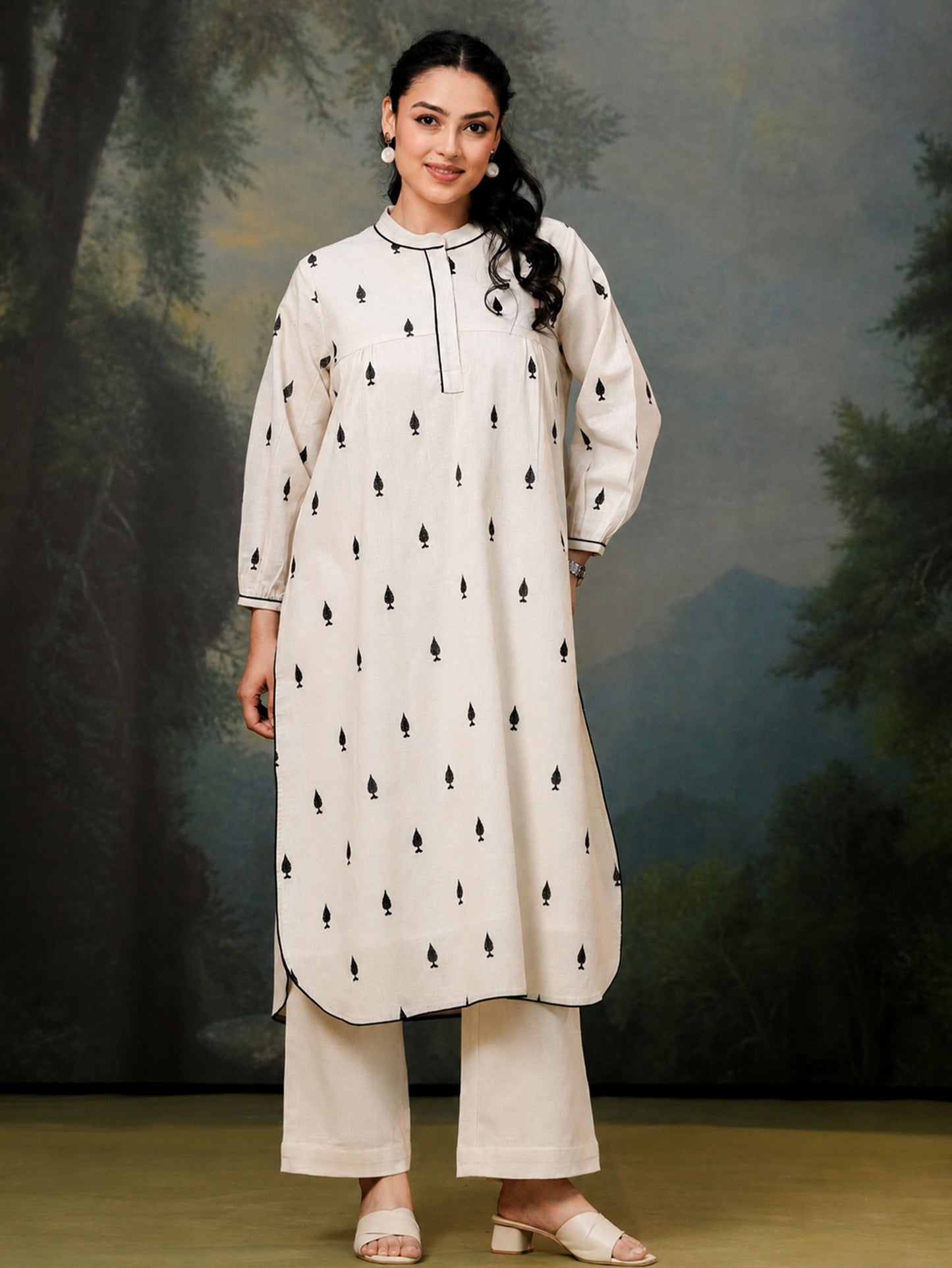 Embroidered Linen cotton Solid Straight Off White Kurta