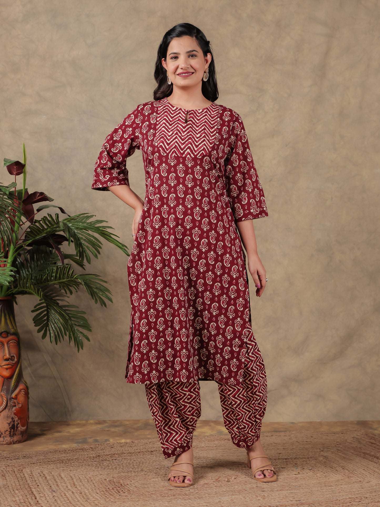 Embroidered Soft Cotton Block Print Straight Maroon