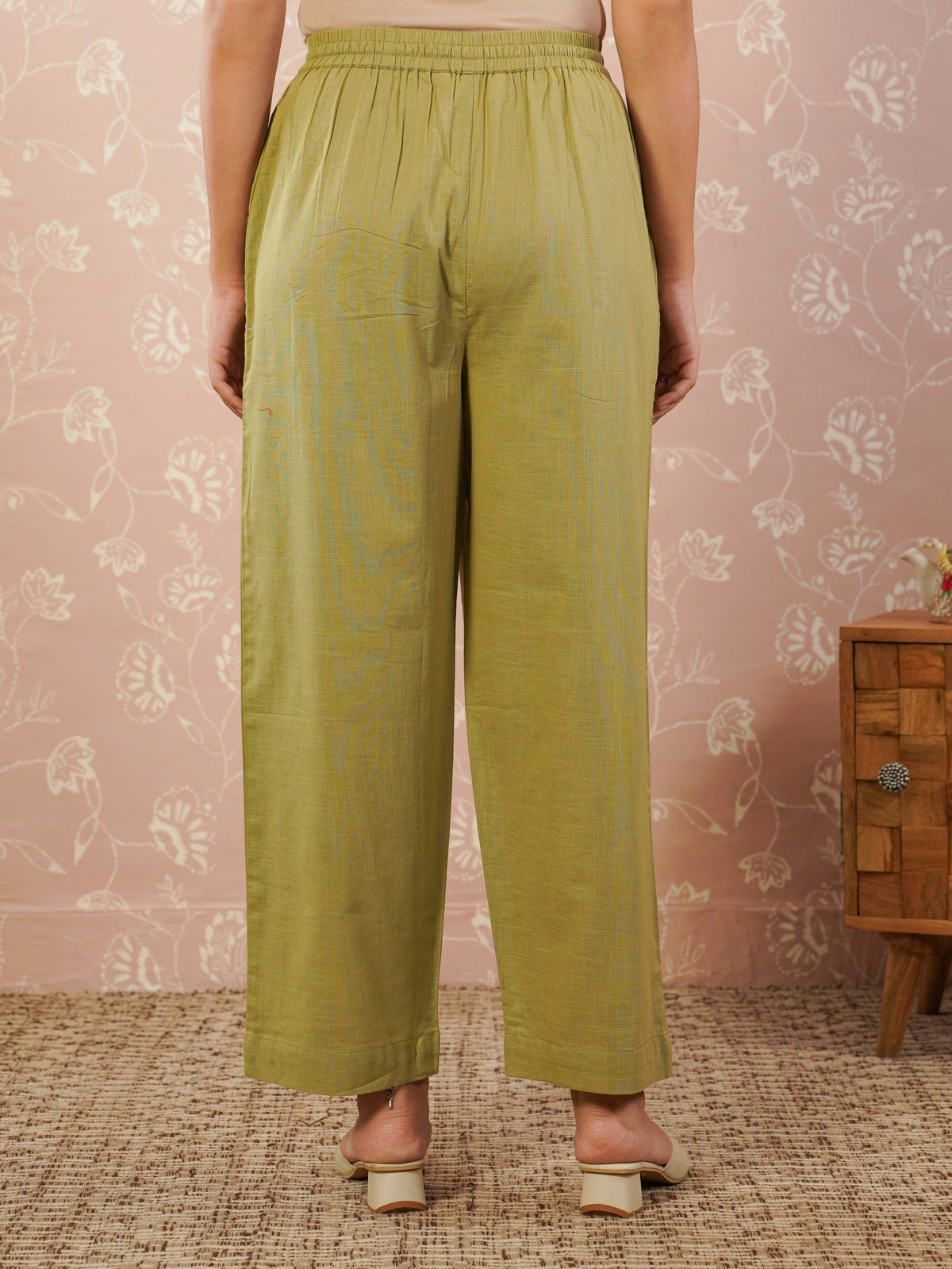 Embroidered slub cotton solid palazzo green kurta
