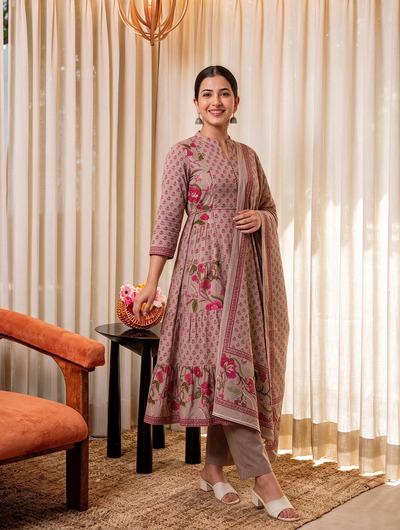 Cotton voile Floral Beige Dupatta