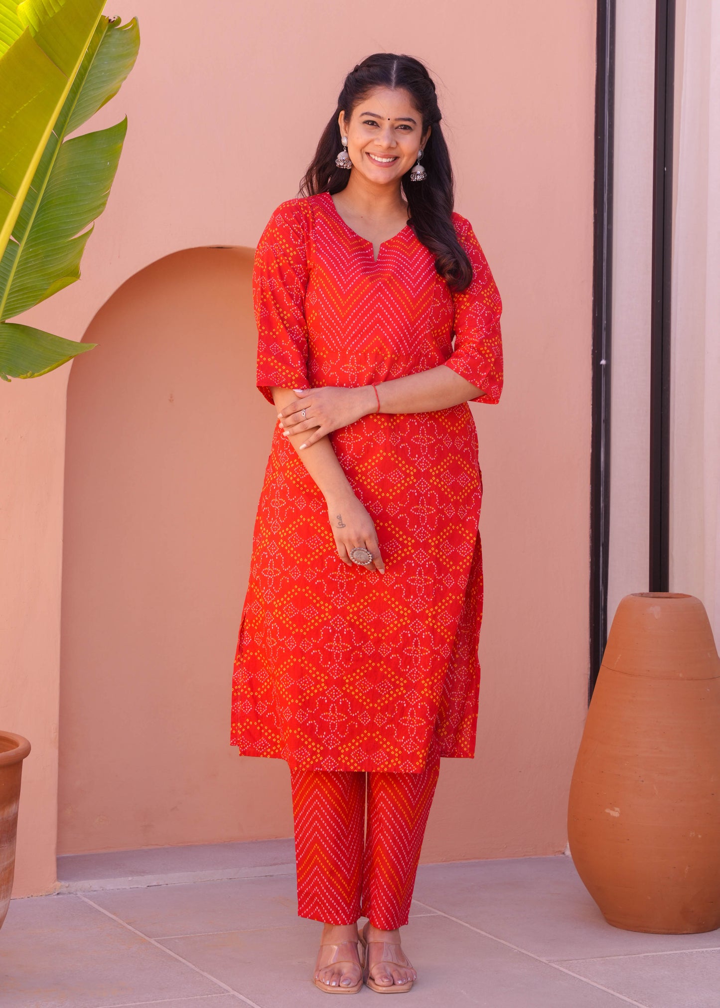 Soft Cotton Bandhani Straight Red Kurta