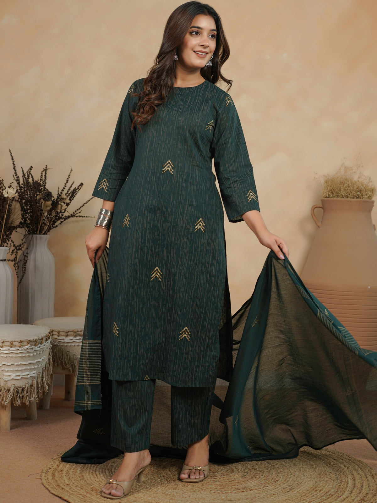 cotton voile gold foil green dupatta