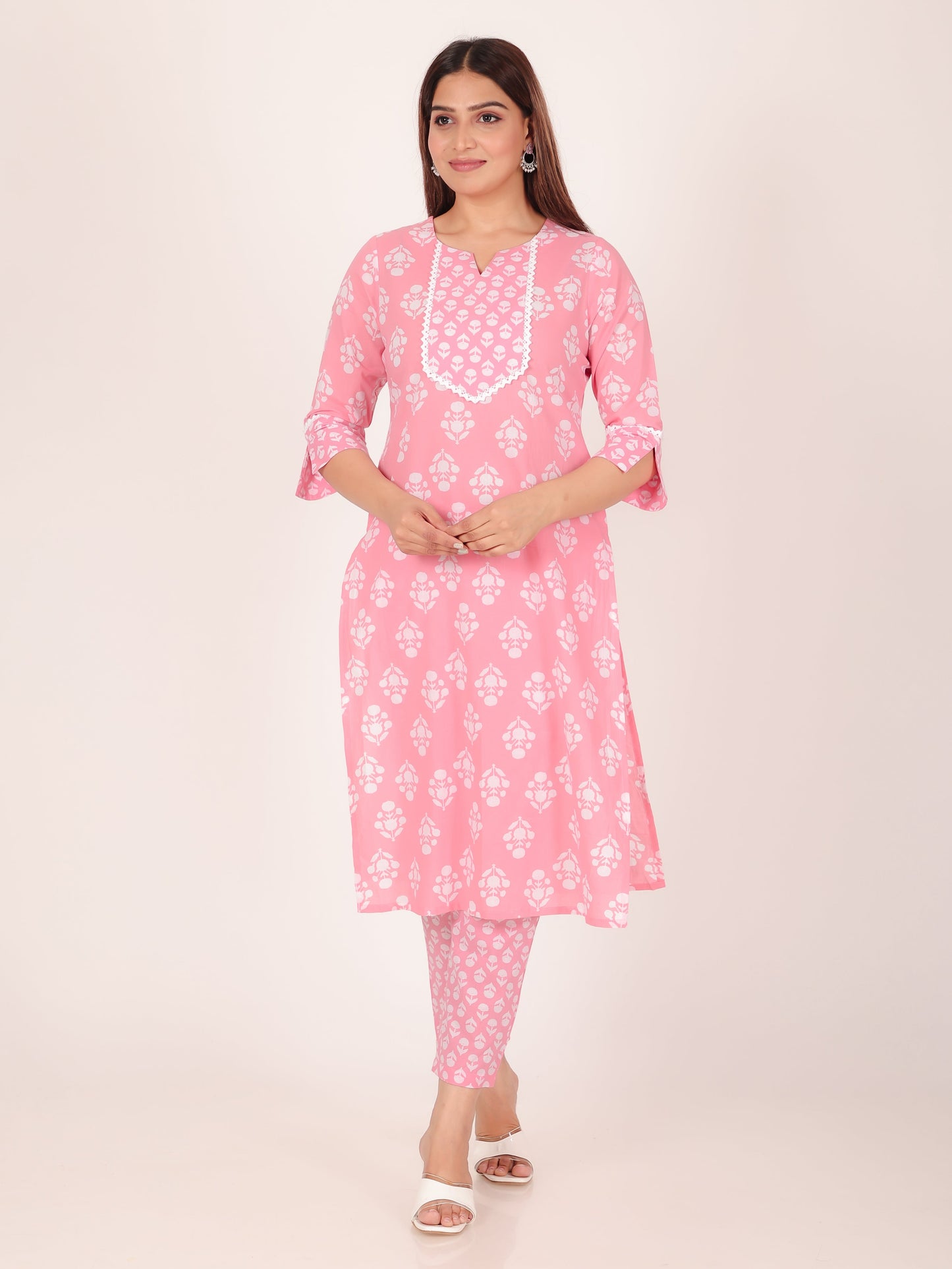 Soft Cotton Floral Straight Pink Kurta