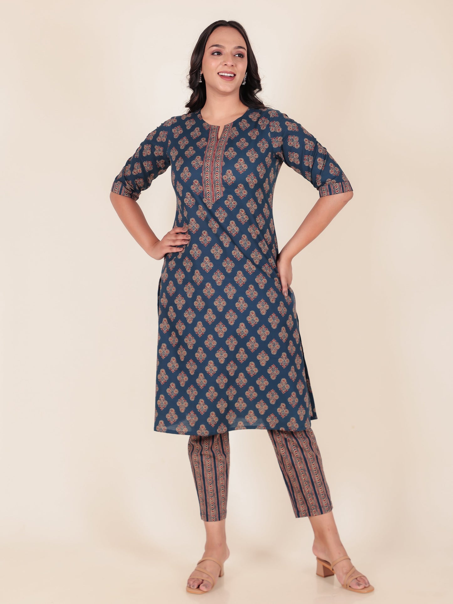 Soft Cotton Floral A-line Blue Kurta
