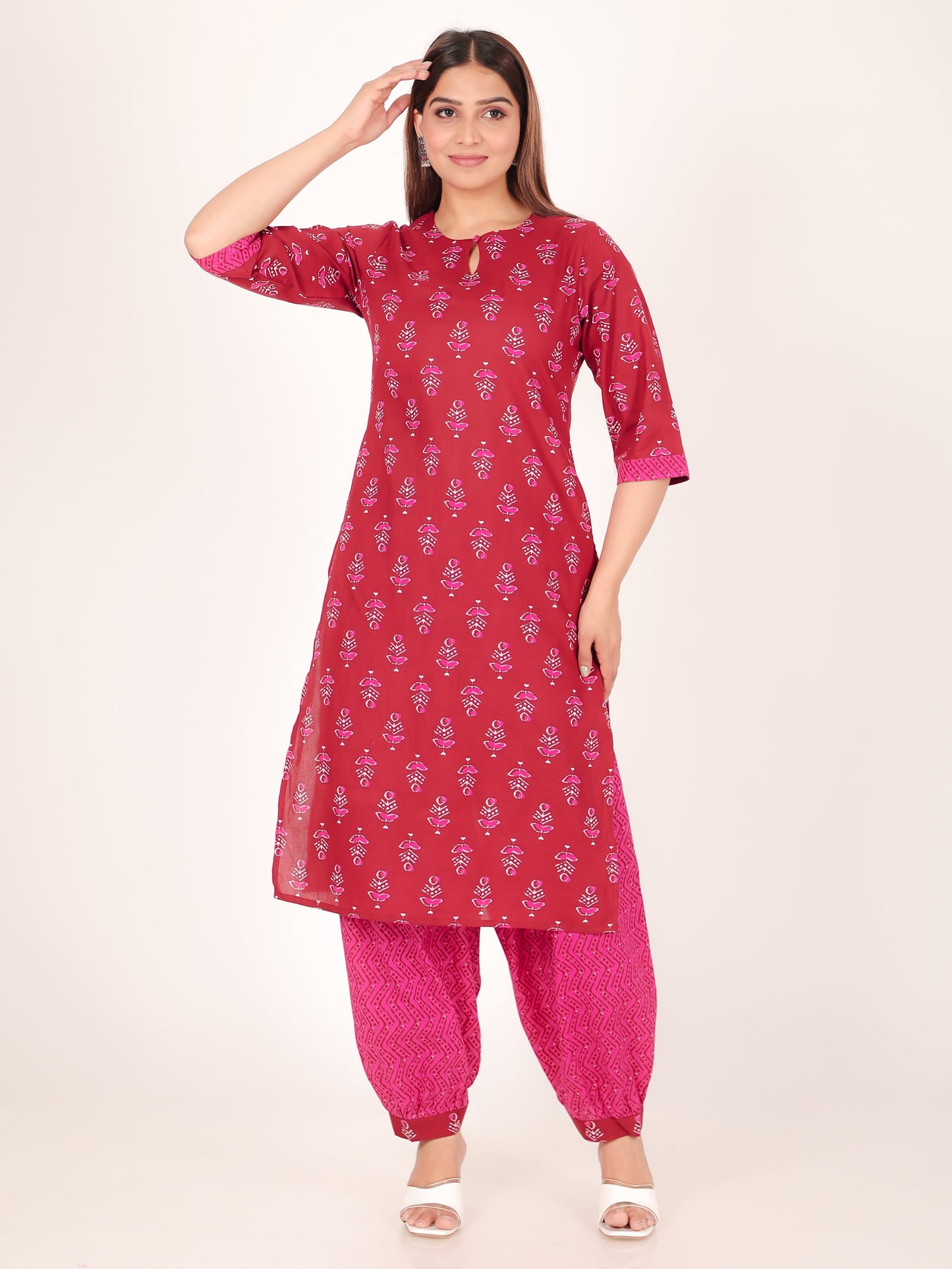 Soft Cotton Floral Straight Maroon Kurta