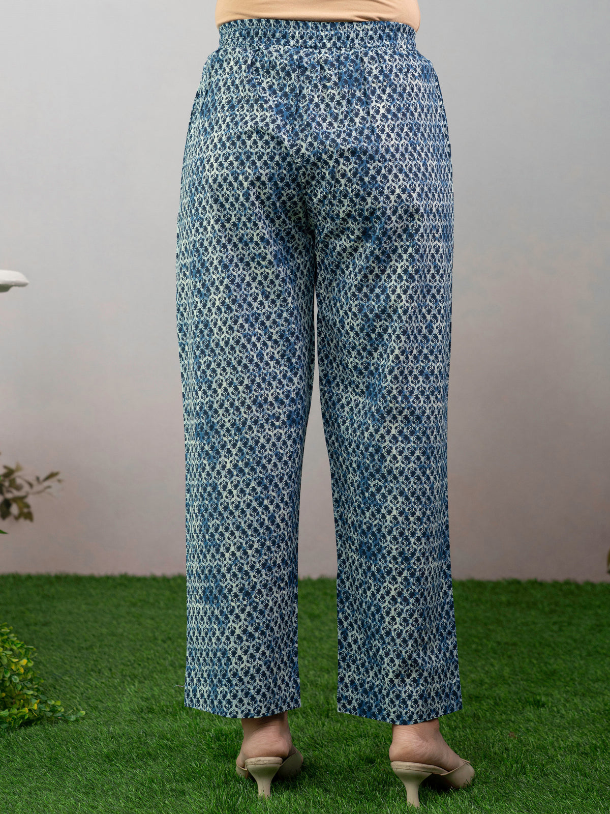 Soft Cotton Geometric Indigo Blue Straight Trousers