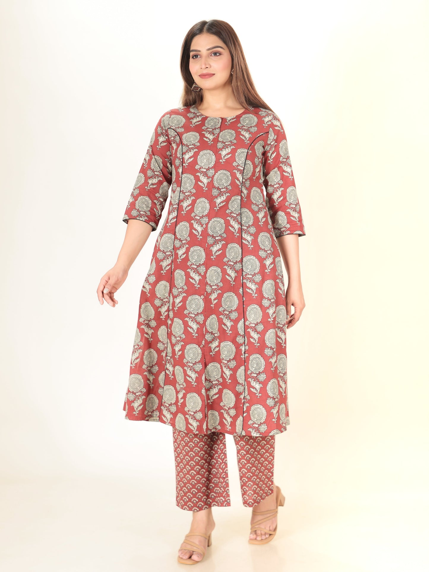 Soft Cotton Floral A-line Maroon Kurta