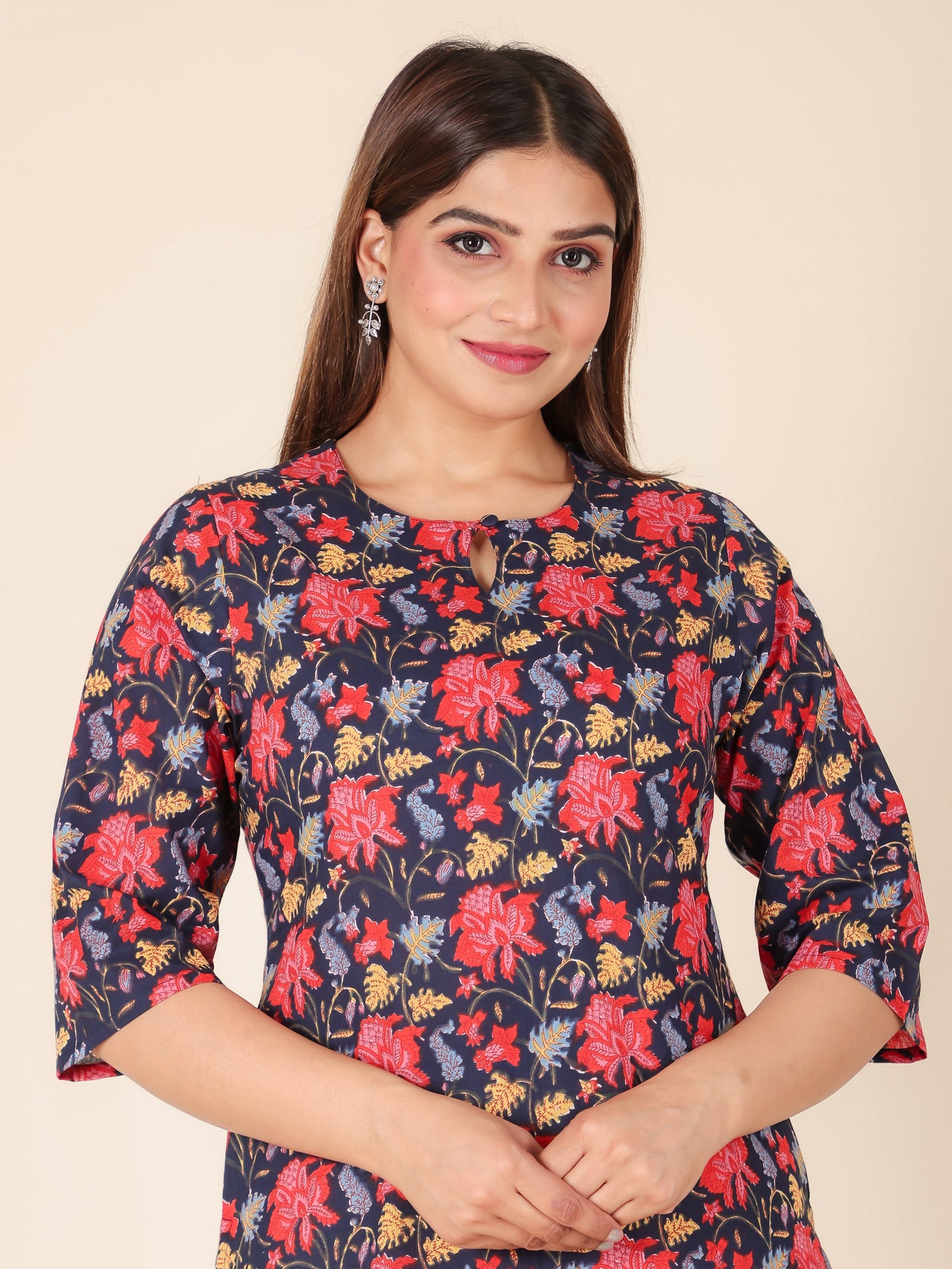 Soft Cotton Floral Straight Blue Kurta