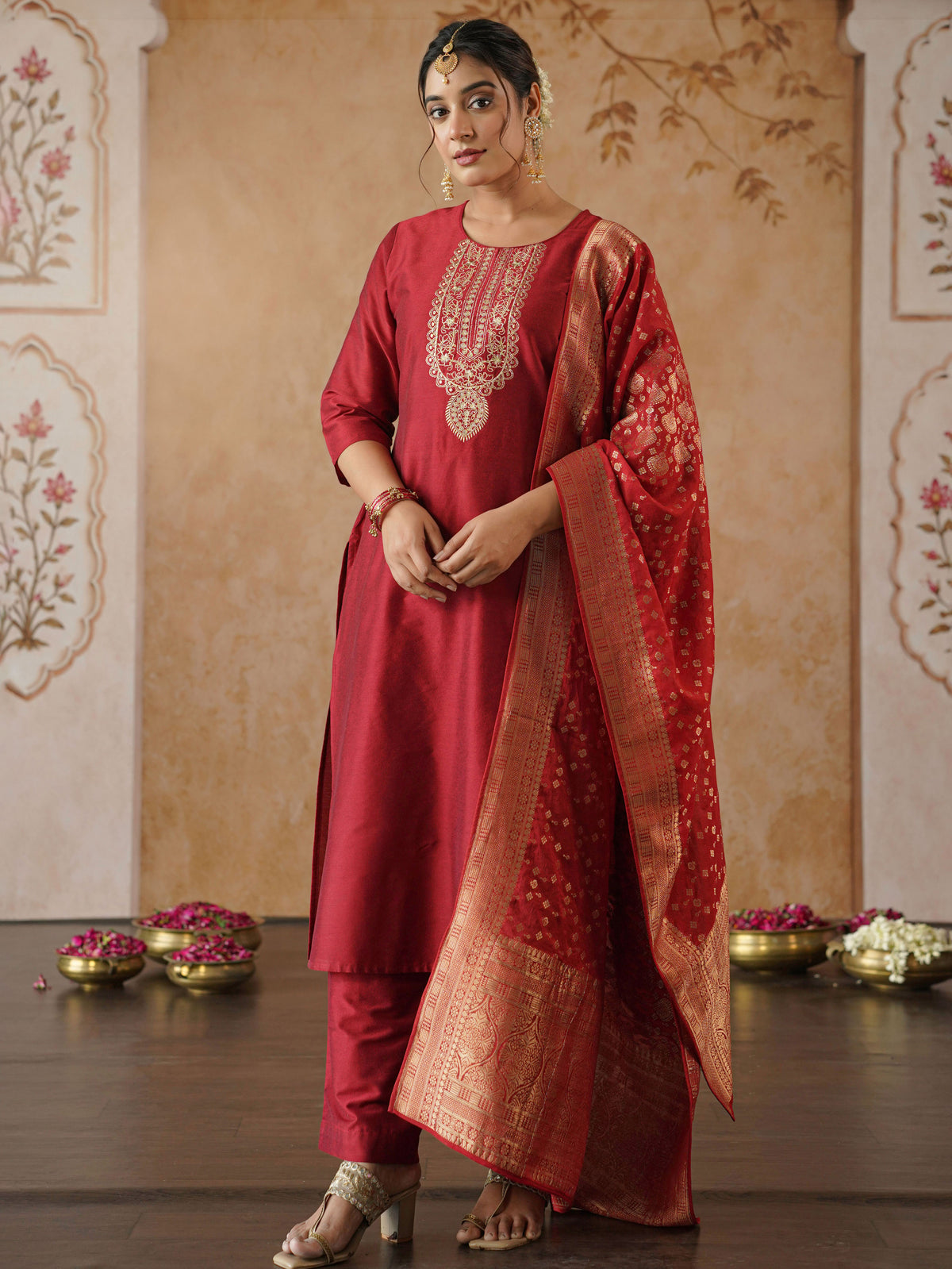 Brocade Solid Red Dupatta