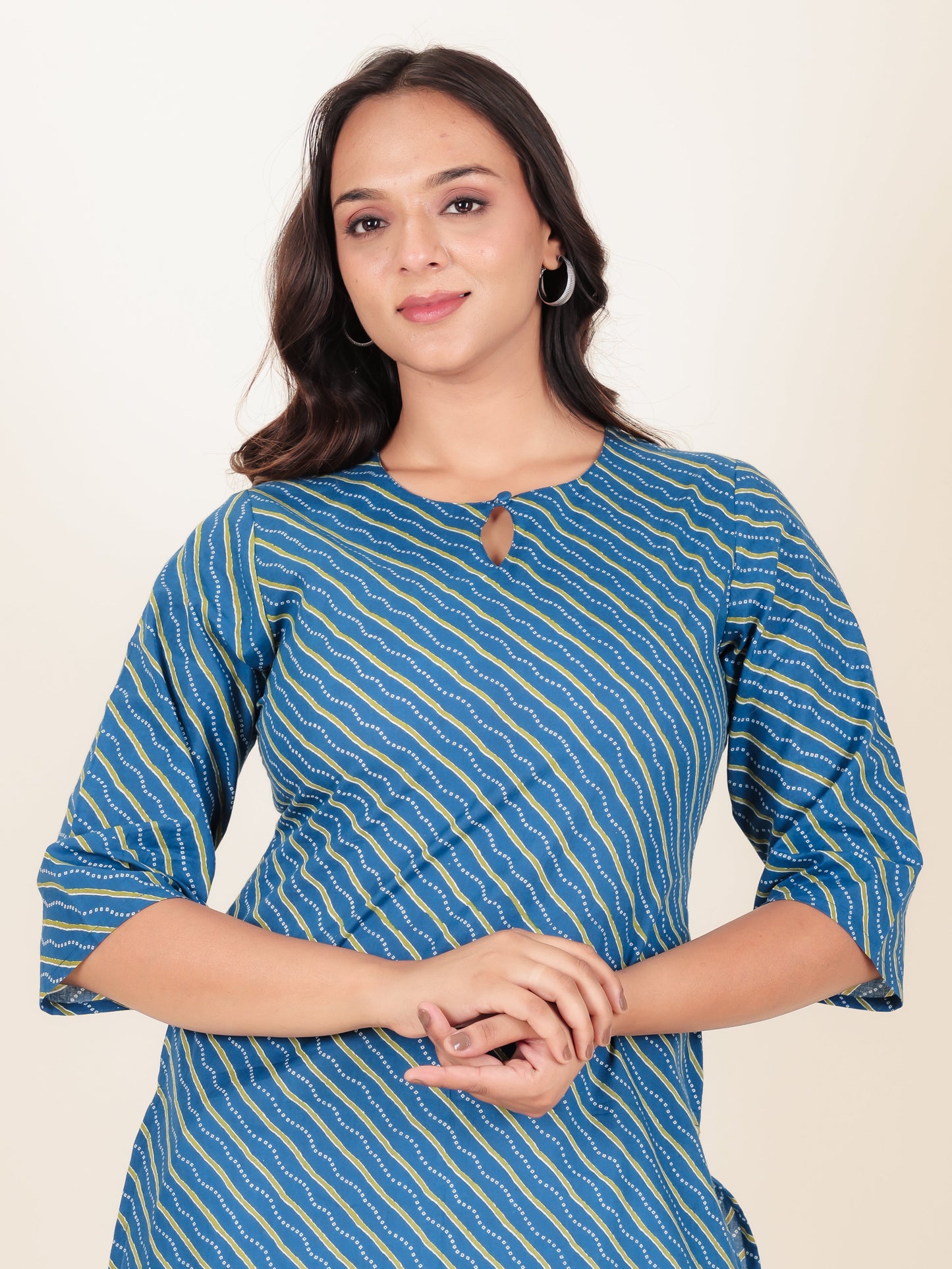 Soft Cotton Leheriya Straight Blue Kurta