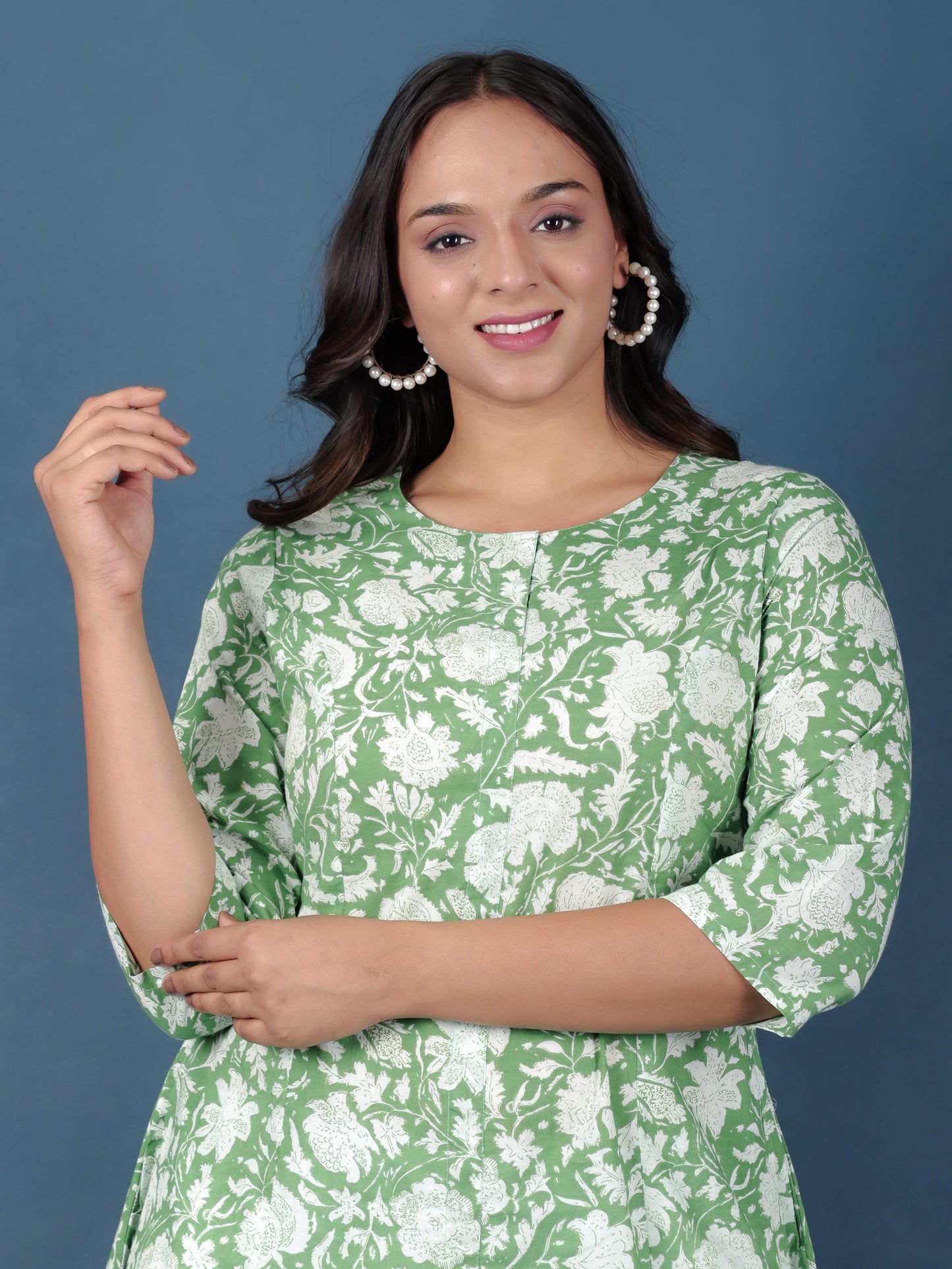 Soft Cotton Floral A-line Green Kurta